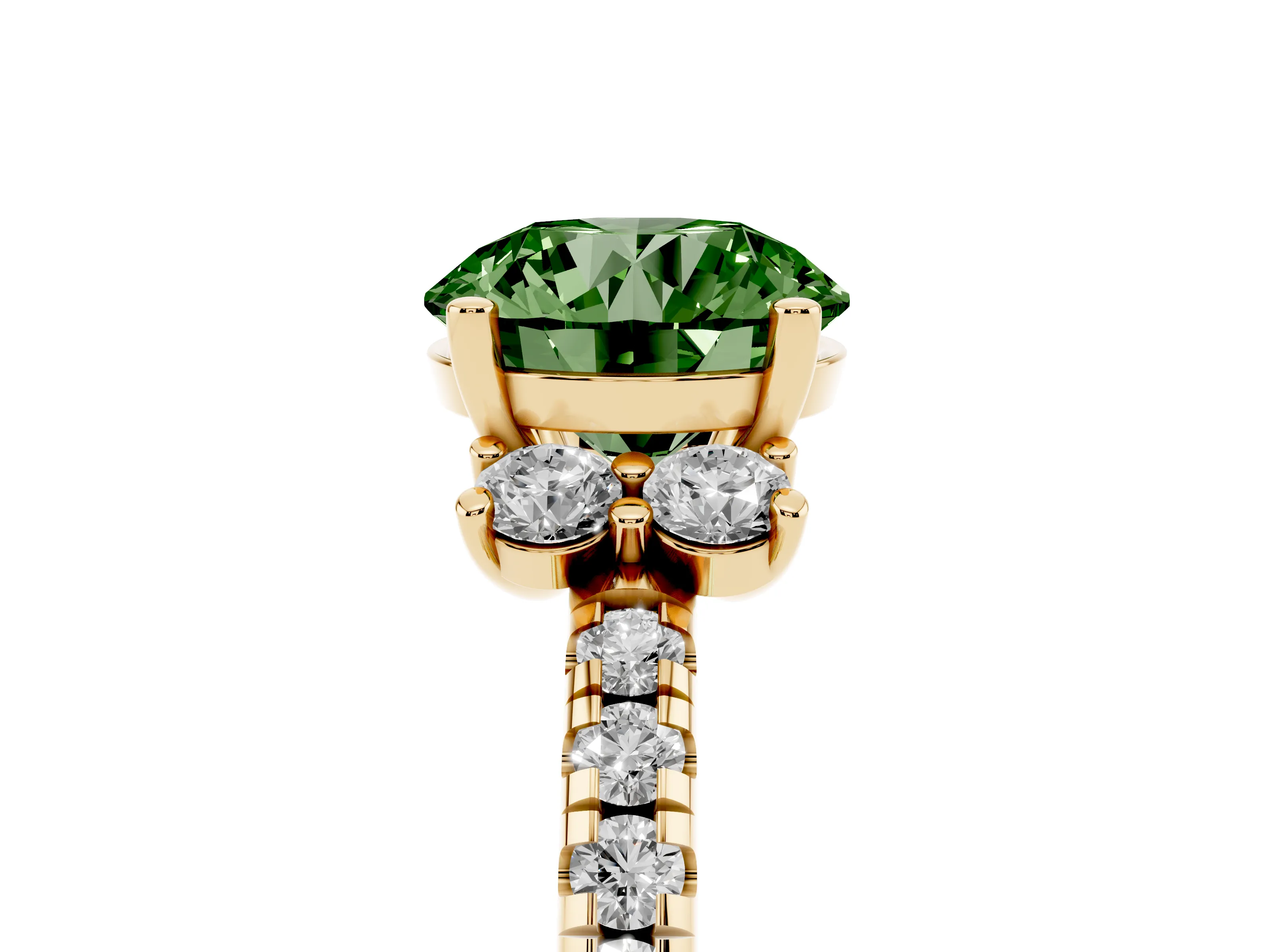 Fancy Green Round Cut Diamond Three-Stone Pavé Ring Set in Yellow gold with Prong Setting