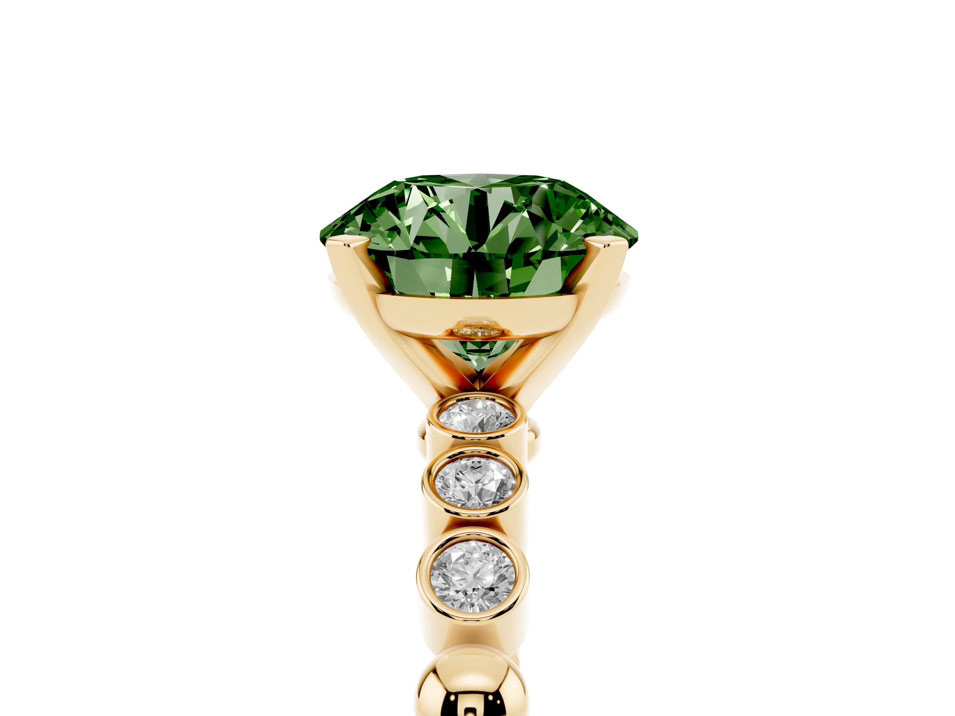 Fancy Green Round Cut Diamond Solitaire Engagement Ring Set in Yellow gold with Bezel Accents on Beaded Band