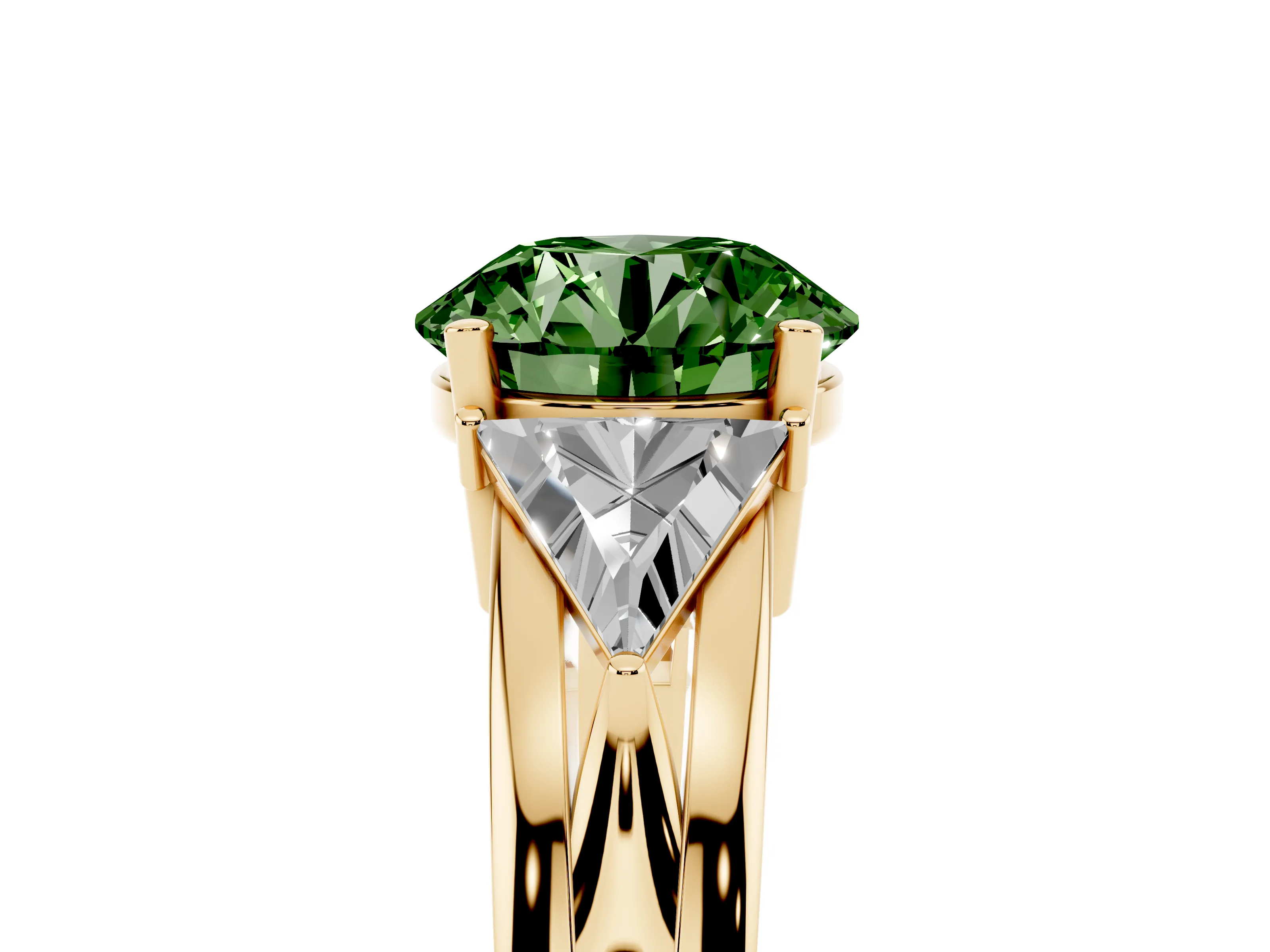 Fancy Green Round Cut Diamond Three-Stone Ring Set in Yellow gold with Trillion Side Stones and Split Shank