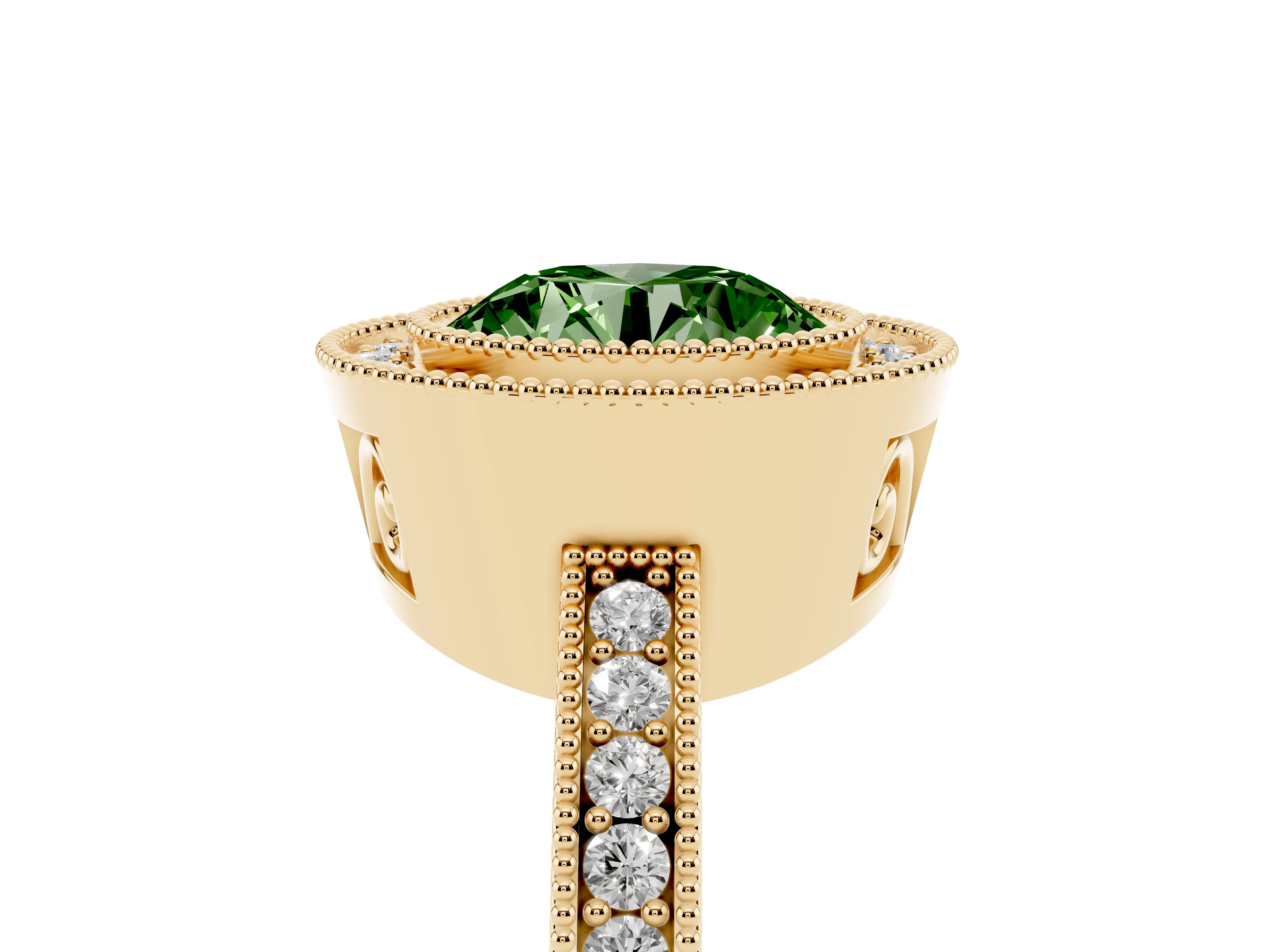 Fancy Green Round Cut Diamond Round Halo Ring Set in Yellow gold with Pavé Band