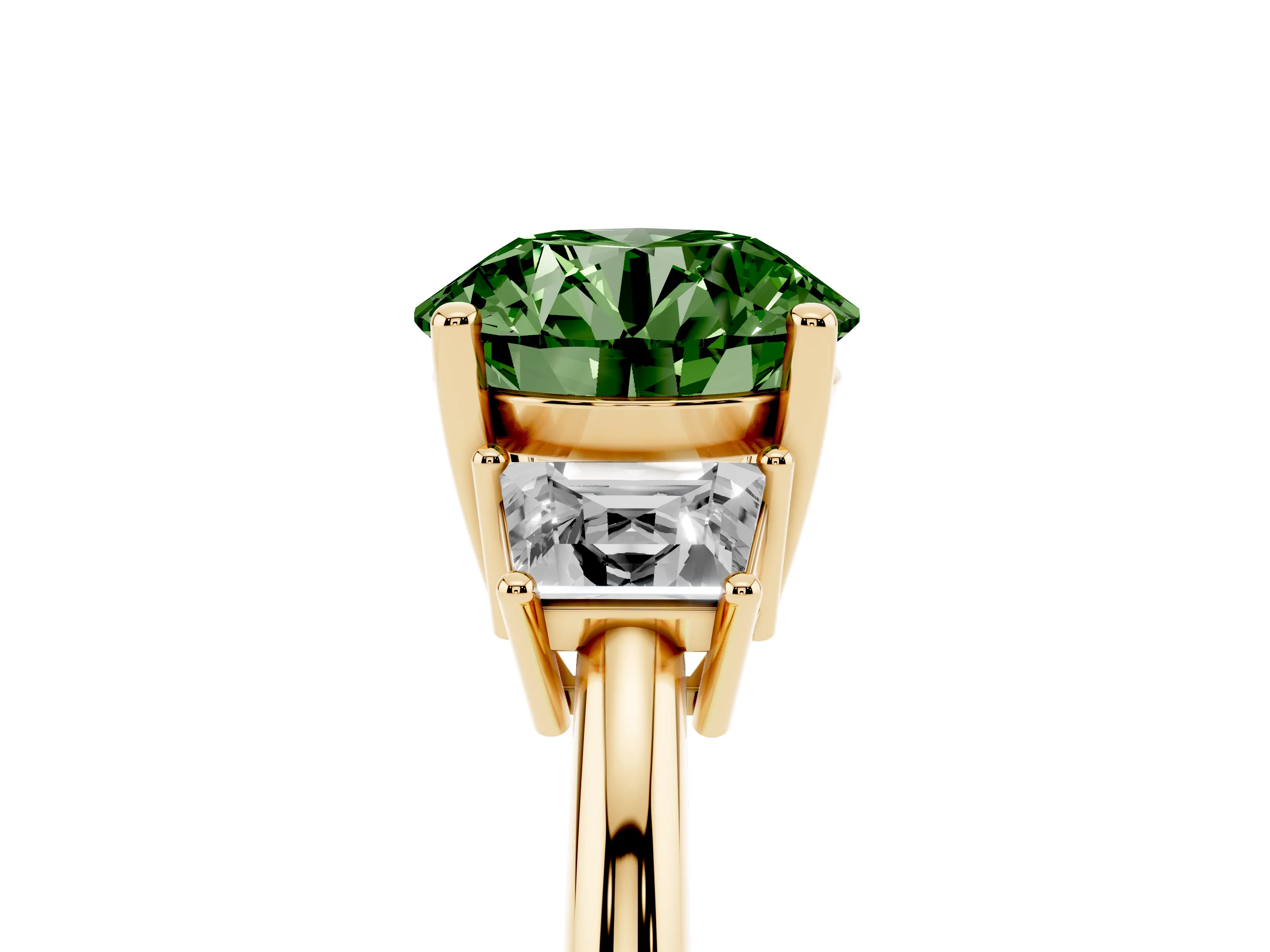 Fancy Green Round Cut Diamond Three-Stone Ring Set in Yellow gold with Trapezoid Side Stones and Prong Setting