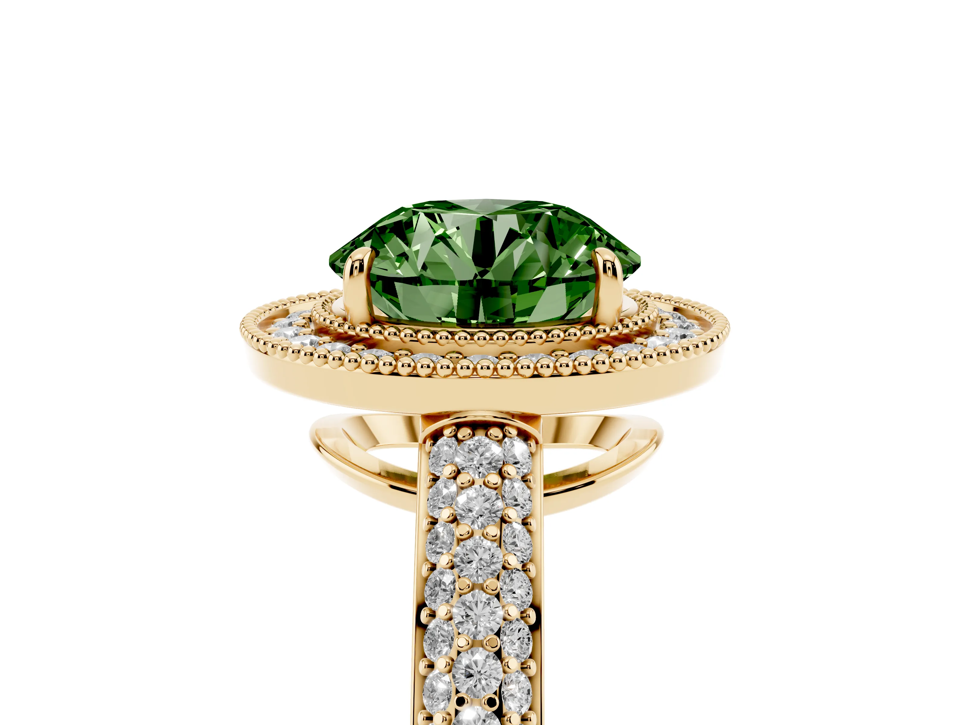 Fancy Green Round Cut Diamond Halo Pavé Band Set in Yellow gold with Prong Setting