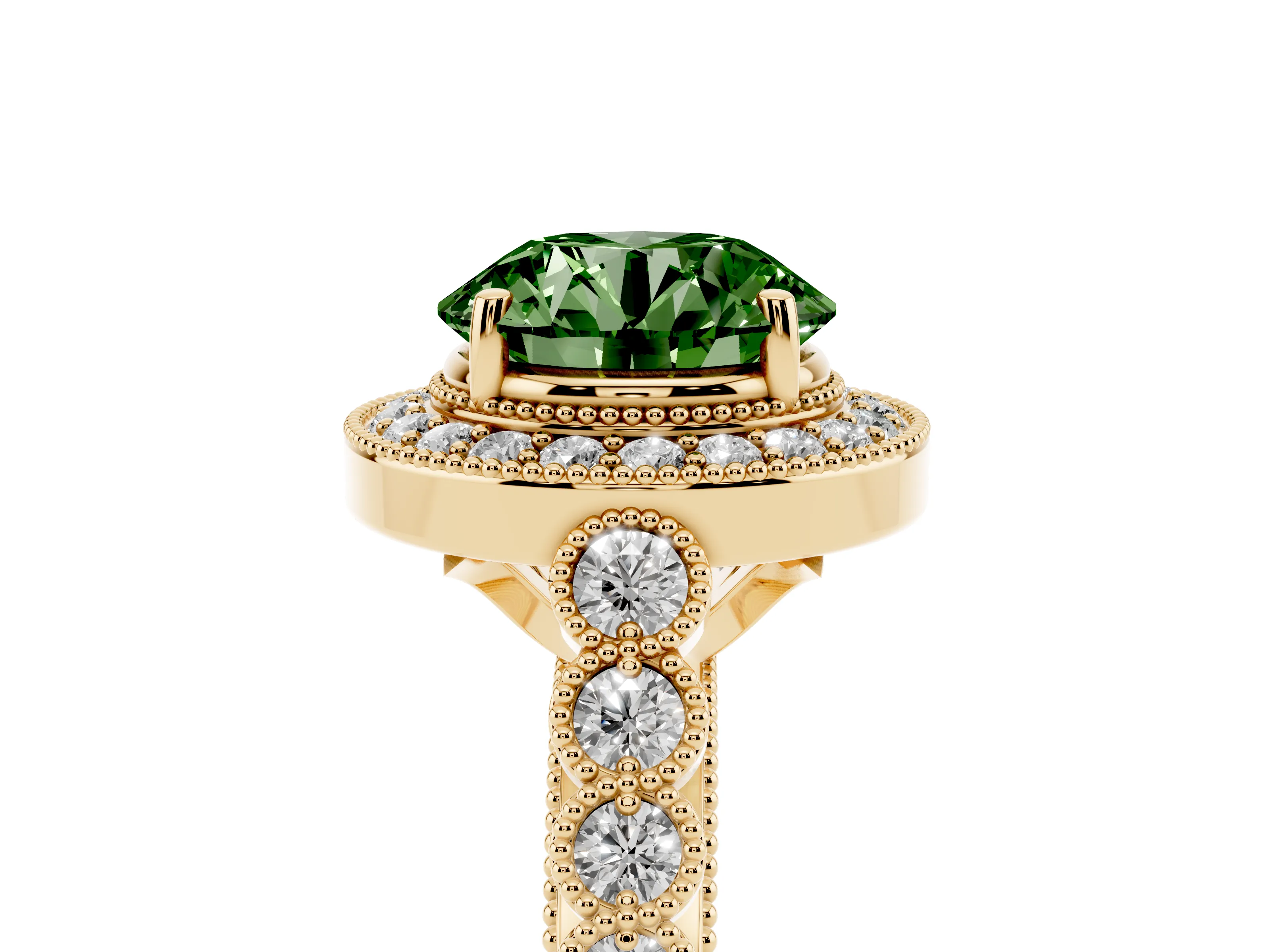 Fancy Green Round Cut Diamond Milgrain Halo Solitaire Ring Set in Yellow gold with Bezel Set Side Stones and Pavé Band