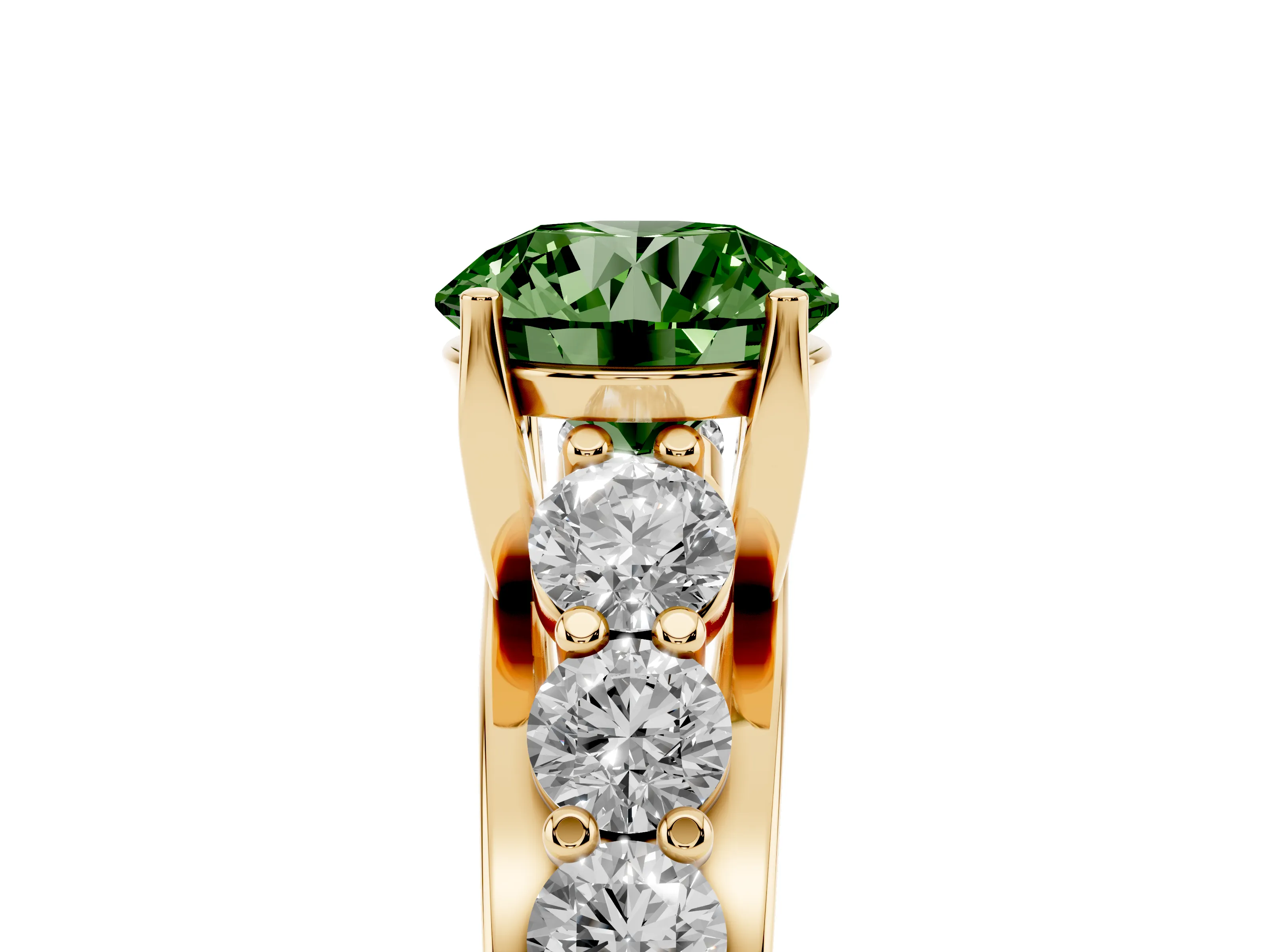 Fancy Green Round Cut Diamond Pavé Engagement Ring Set in Yellow gold with Prong Setting