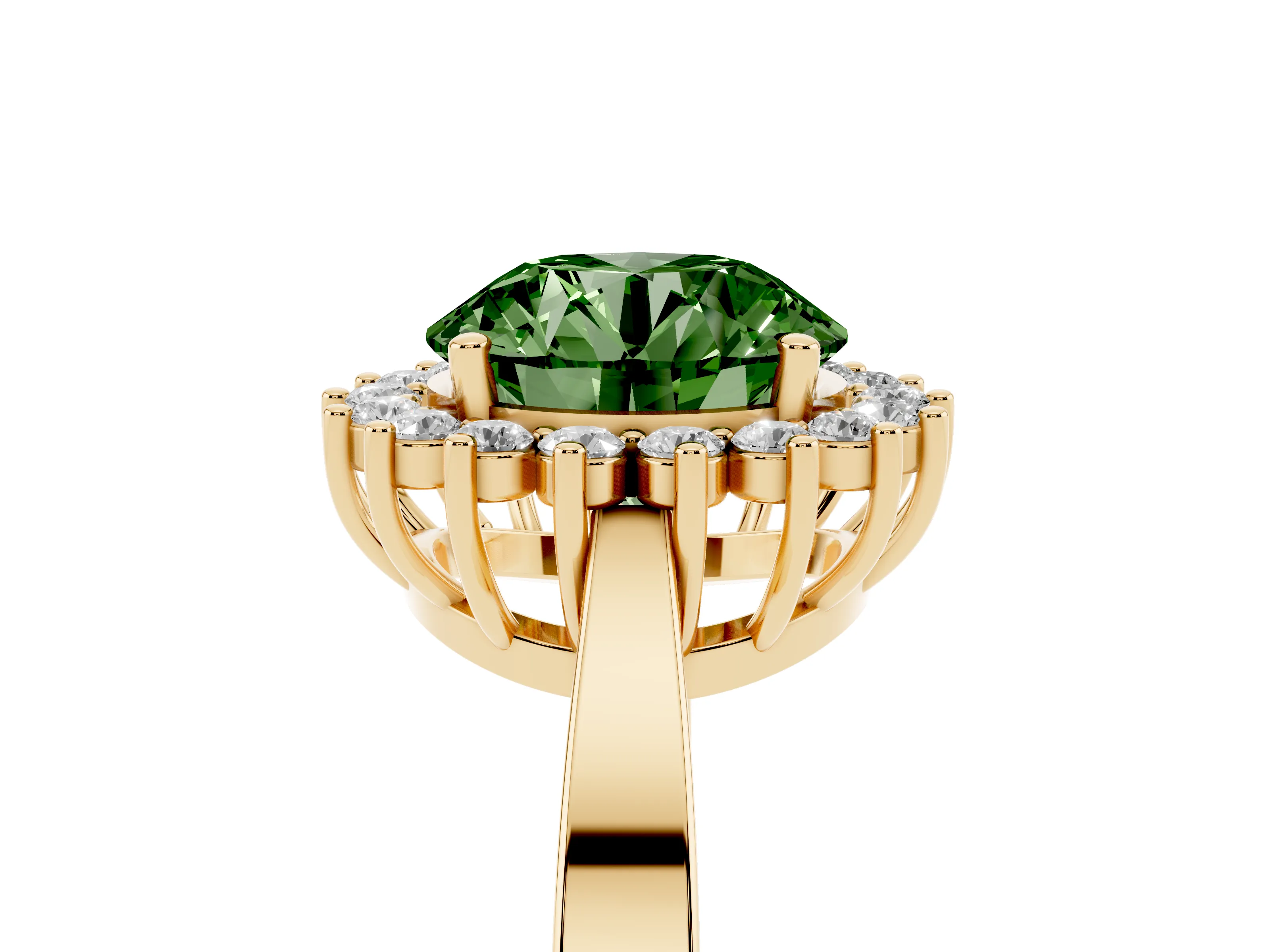 Fancy Green Round Cut Diamond Halo Ring Set in Yellow gold with Round Halo and Smooth Solitaire Band
