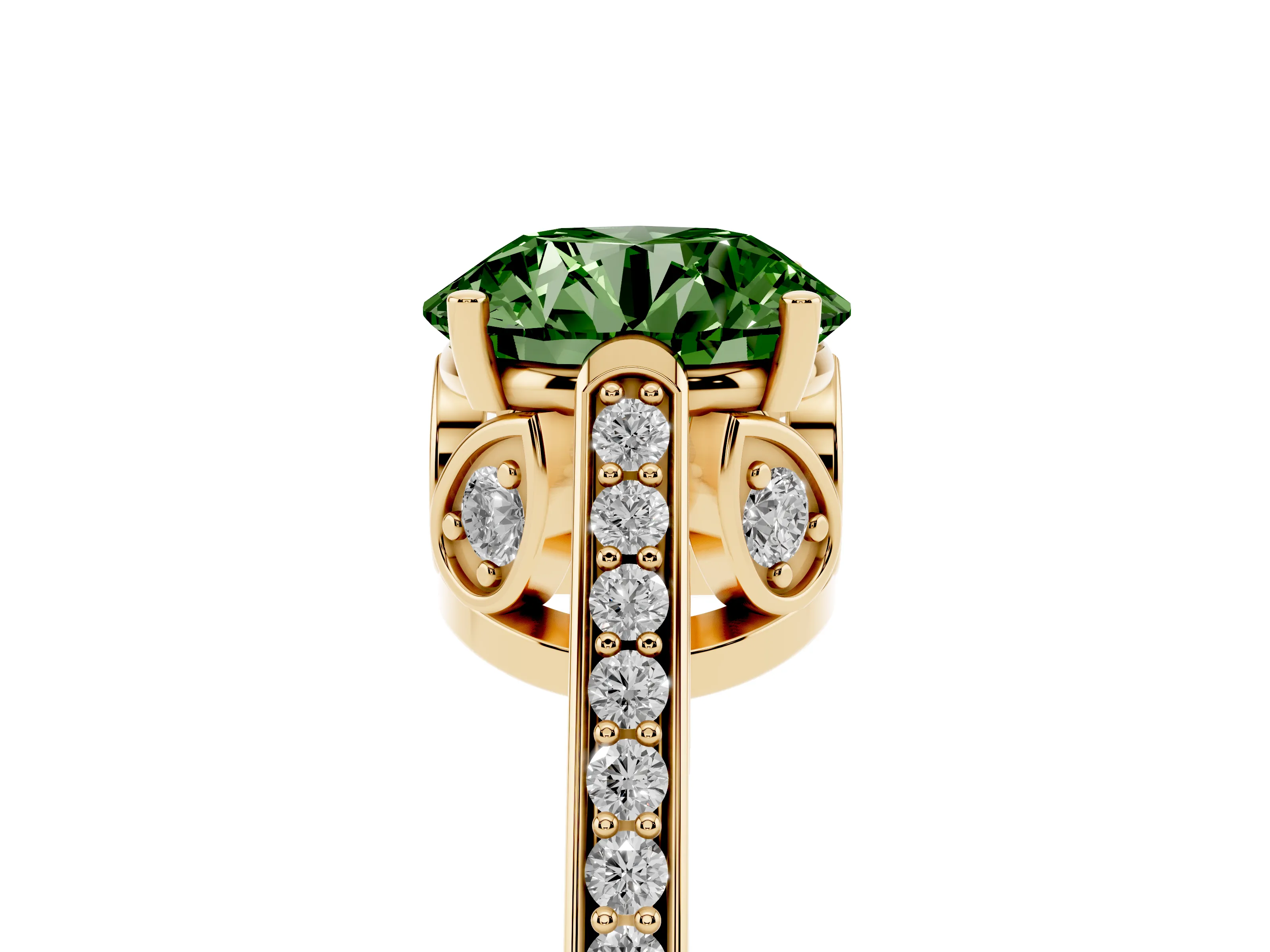 Fancy Green Round Cut Diamond Cathedral Pavé Engagement Ring Set in Yellow gold with Prong Setting
