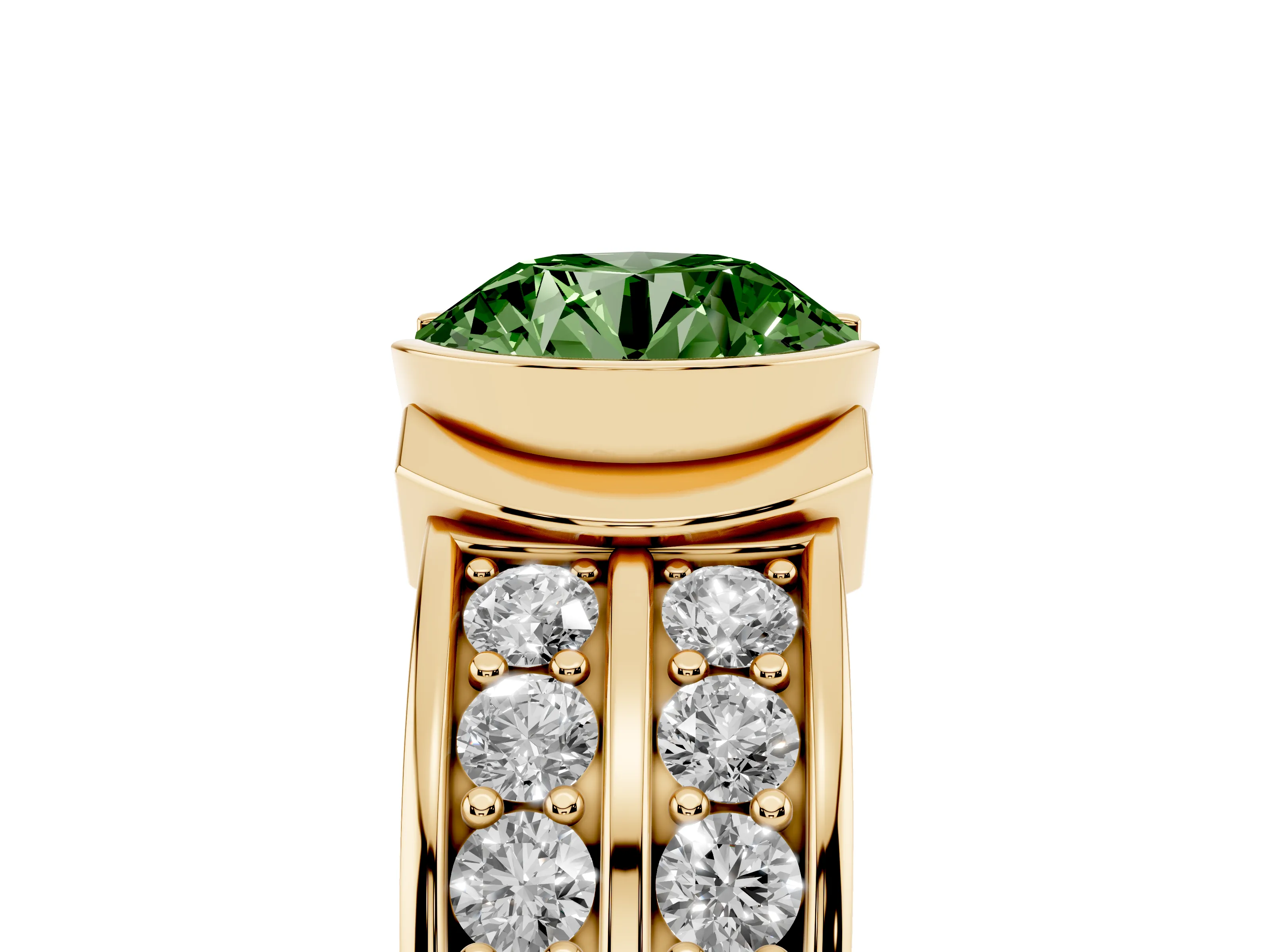 Fancy Green Round Cut Diamond Wide Channel Set Band Ring Set in Yellow gold with Bezel Setting