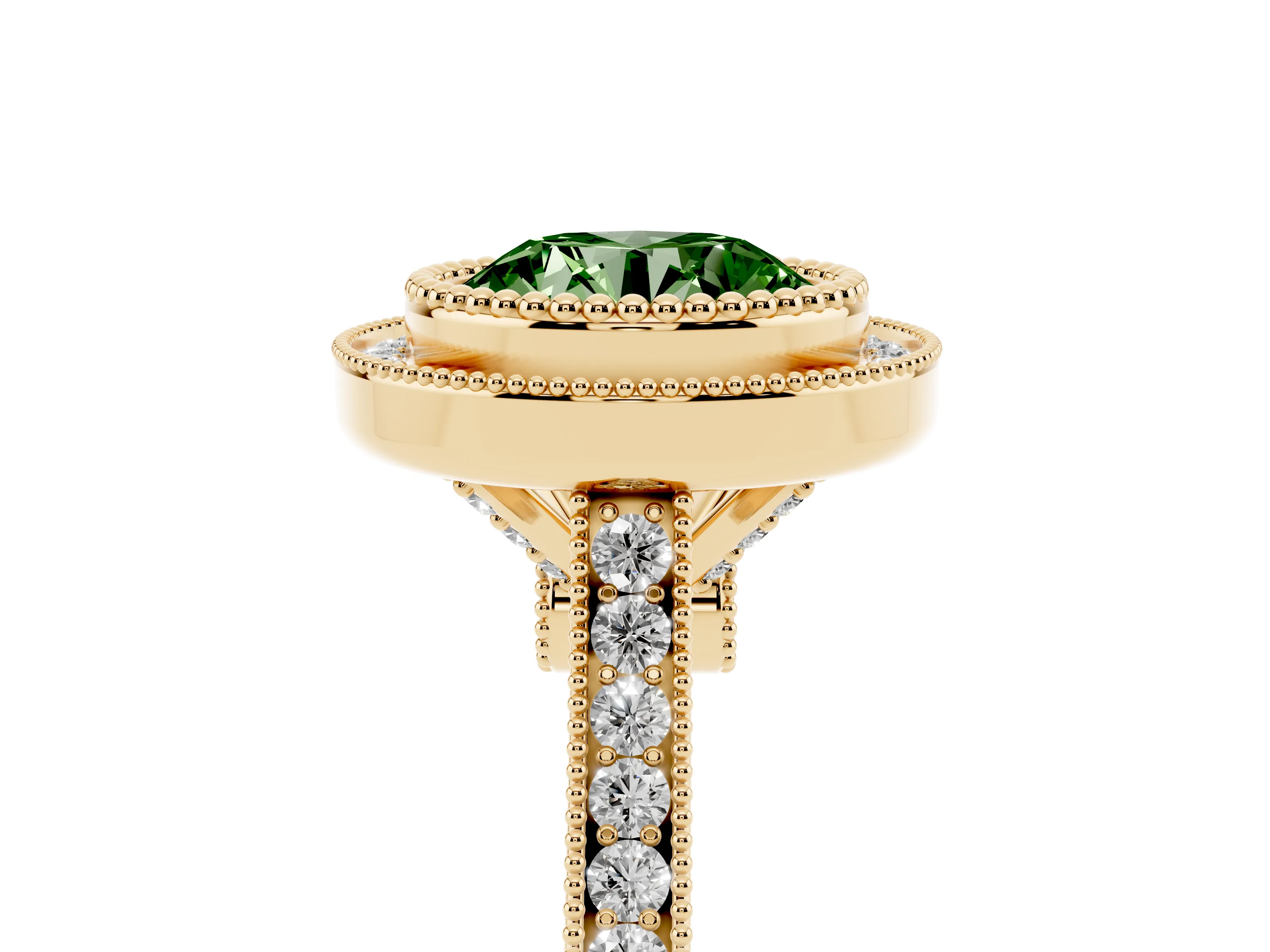Fancy Green Round Cut Diamond Halo Ring Set in Yellow gold with Milgrain Frame and Pavé Band
