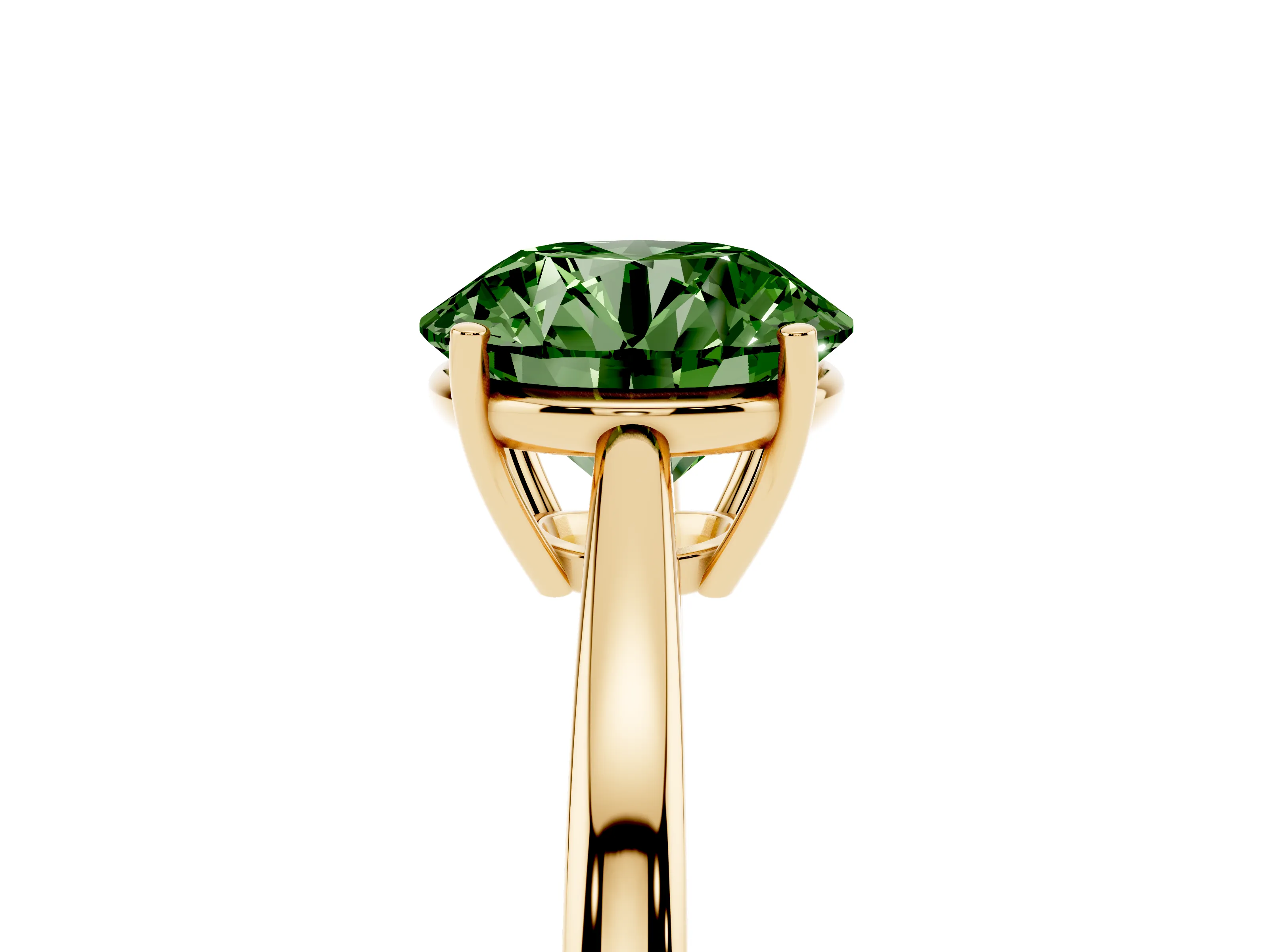 Fancy Green Round Cut Diamond Solitaire Ring Set in Yellow gold with Split Shank and Prong Setting