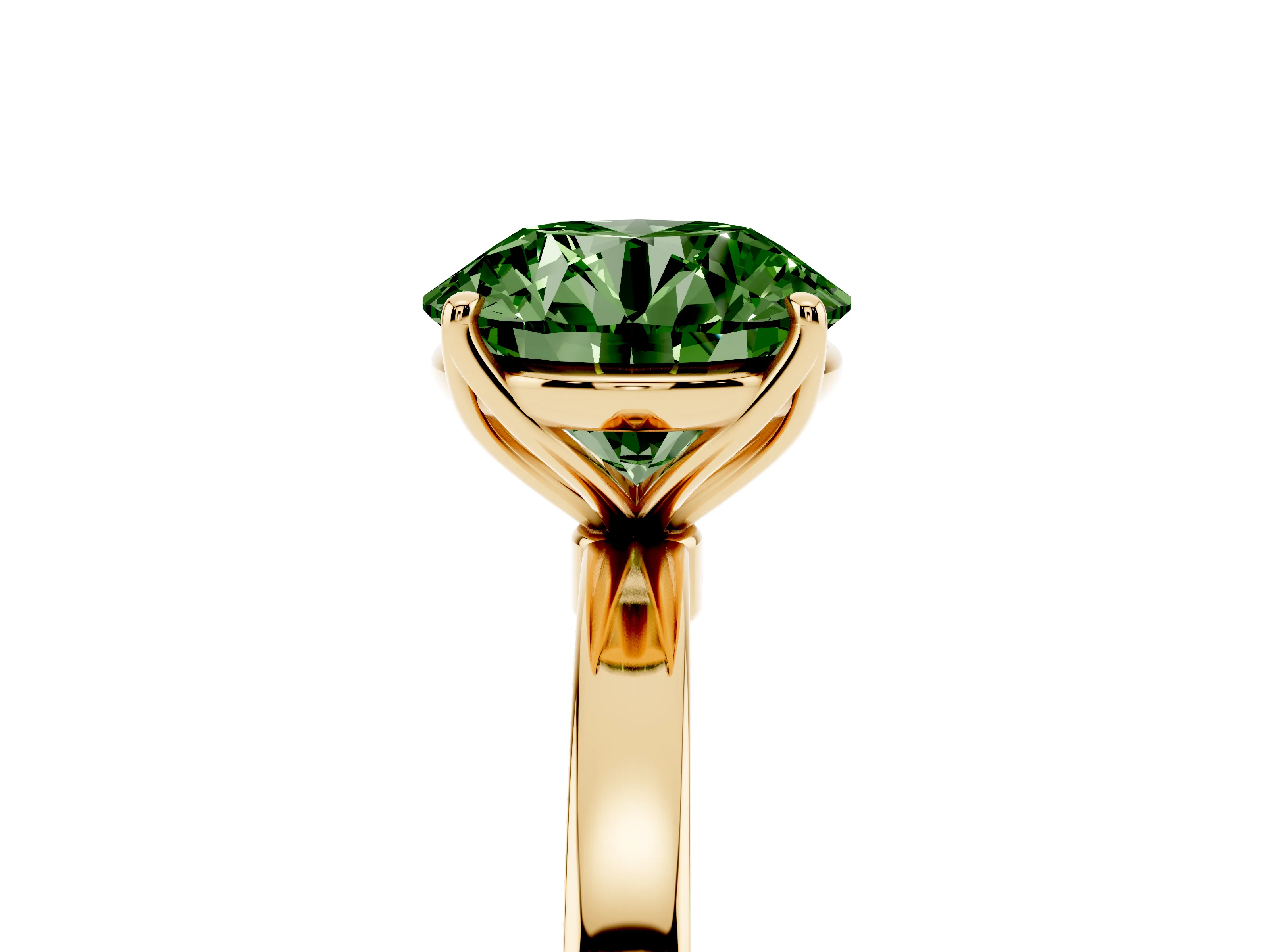 Fancy Green Round Cut Diamond Solitaire Ring Set in Yellow gold with Prong Setting and Thin Polished Band
