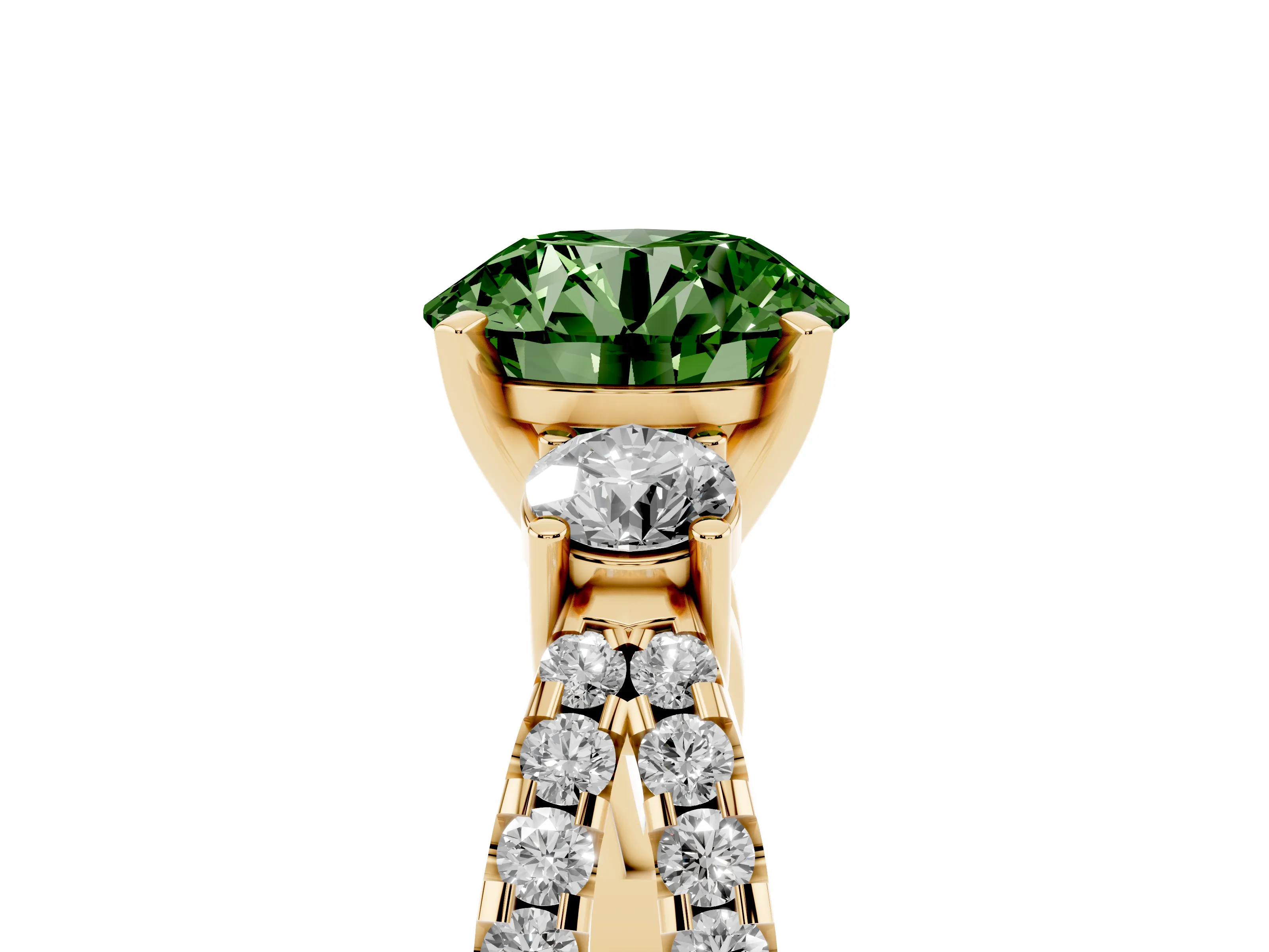 Fancy Green Round Cut Diamond Three-Stone Ring Set in Yellow gold with Pavé Split Shank and Prong Setting