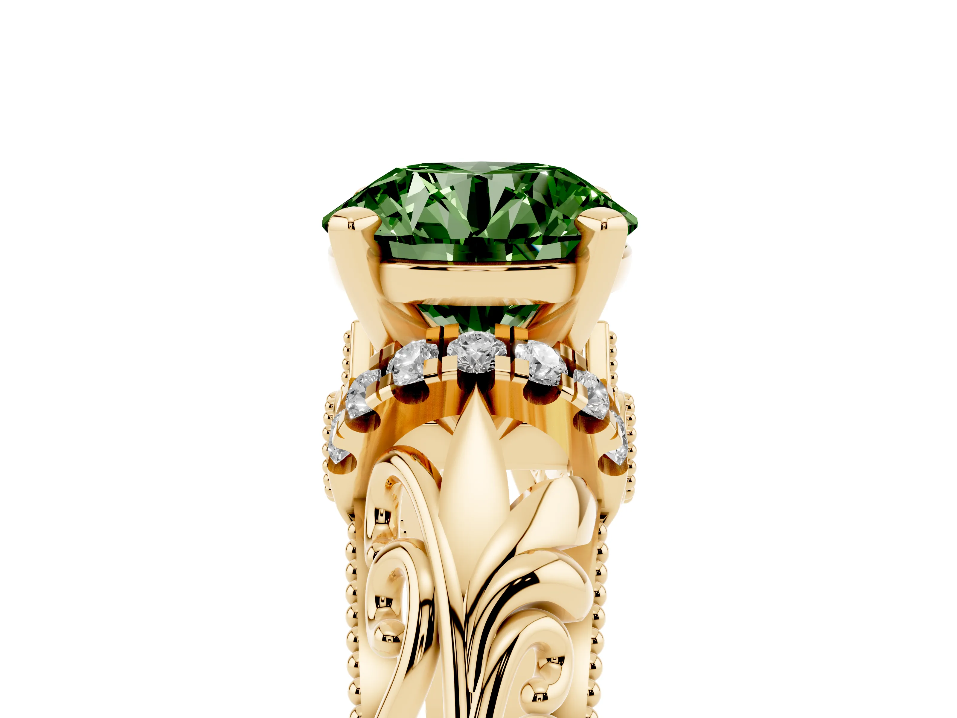 Fancy Green Round Cut Diamond Filigree Halo Engagement Ring Set in Yellow gold with Prong Setting