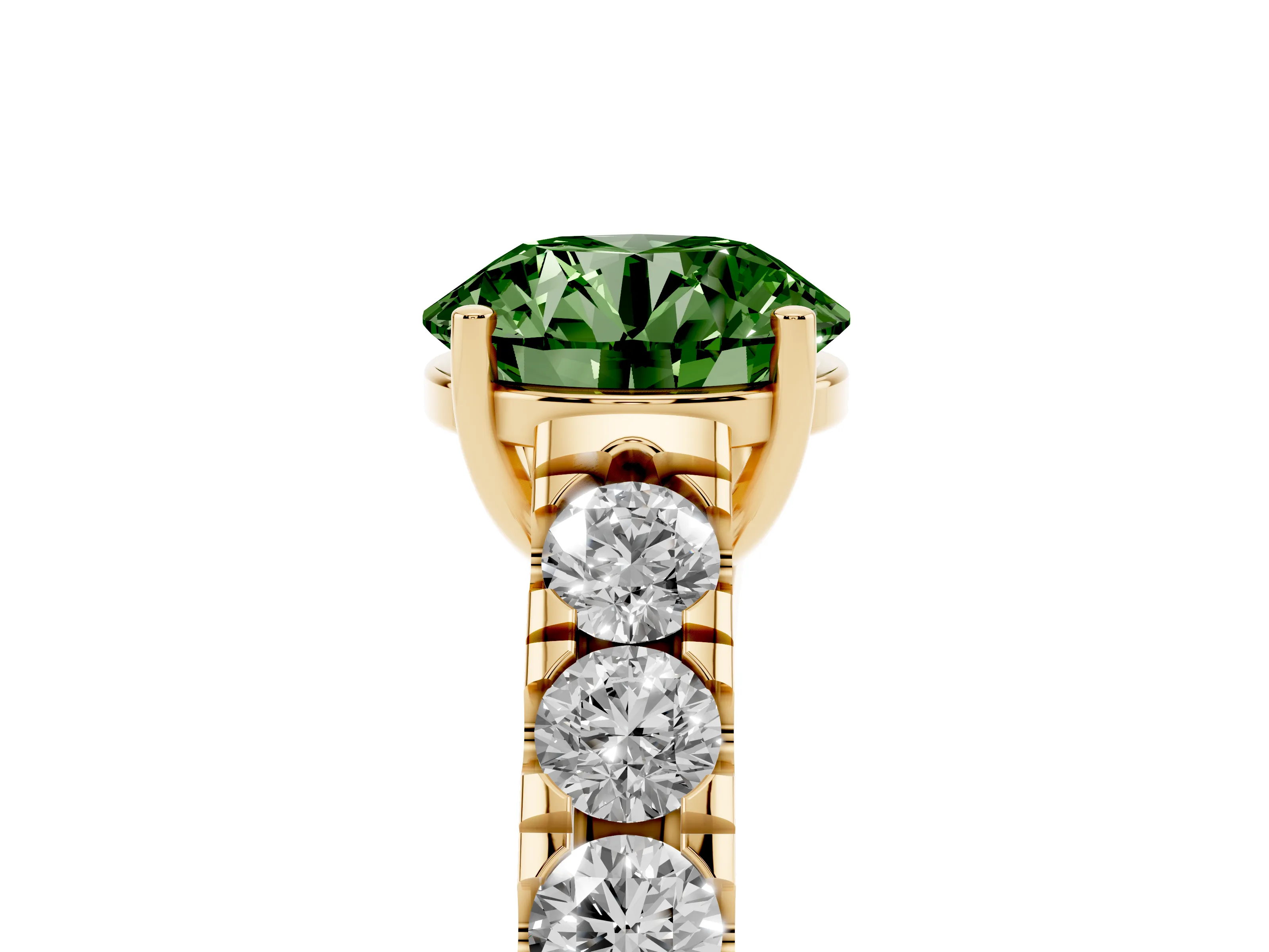 Fancy Green Round Cut Diamond Solitaire Ring Set in Yellow gold with Cut-Down Micro Pavé Band and Prong Setting