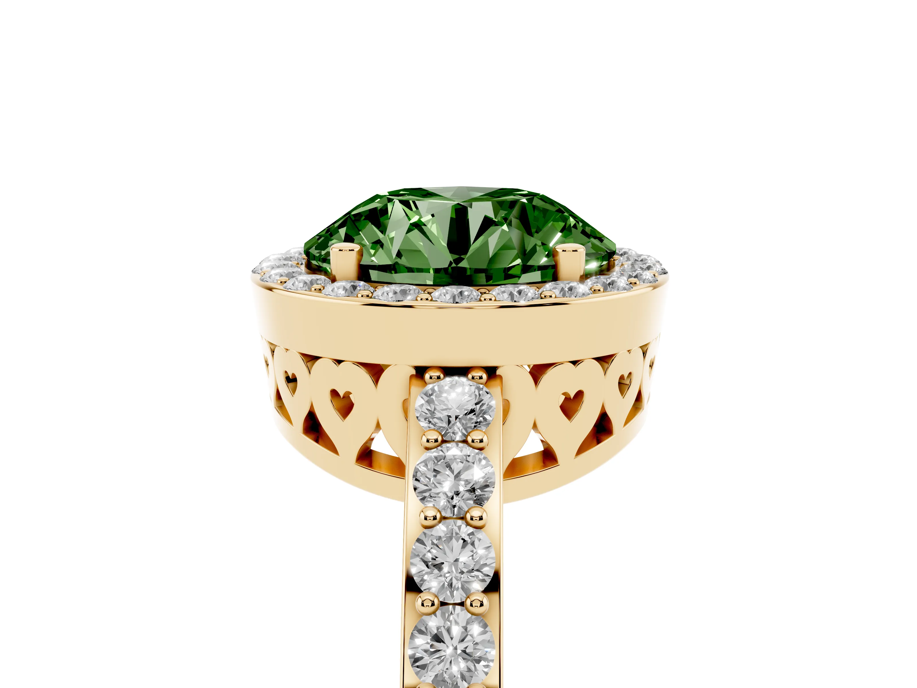Fancy Green Round Cut Diamond Halo Ring Set in Yellow gold with Pavé-Setting Band and Open Prong Center