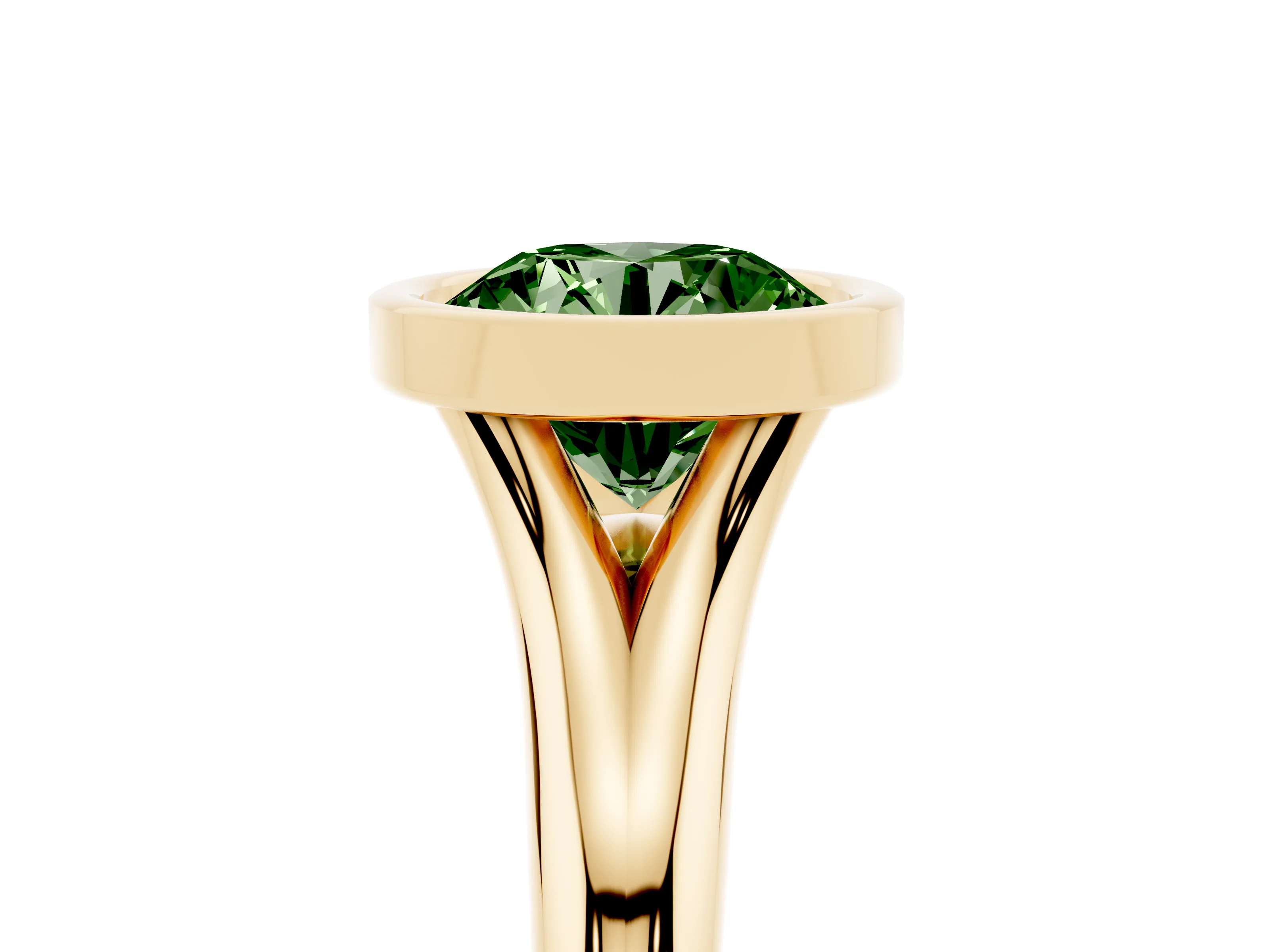 Fancy Green Bezel Set Round Cut Diamond Solitaire Ring Set in Yellow gold with Smooth Band