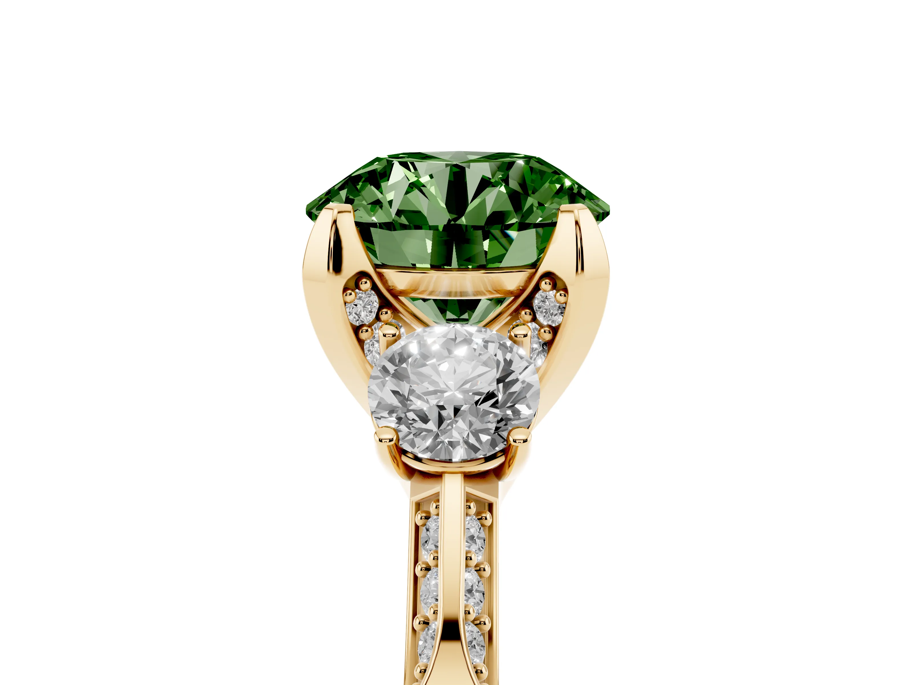 Fancy Green Round Cut Diamond Three-Stone Ring Set in Yellow gold with Pavé Band and Smaller Side Stones