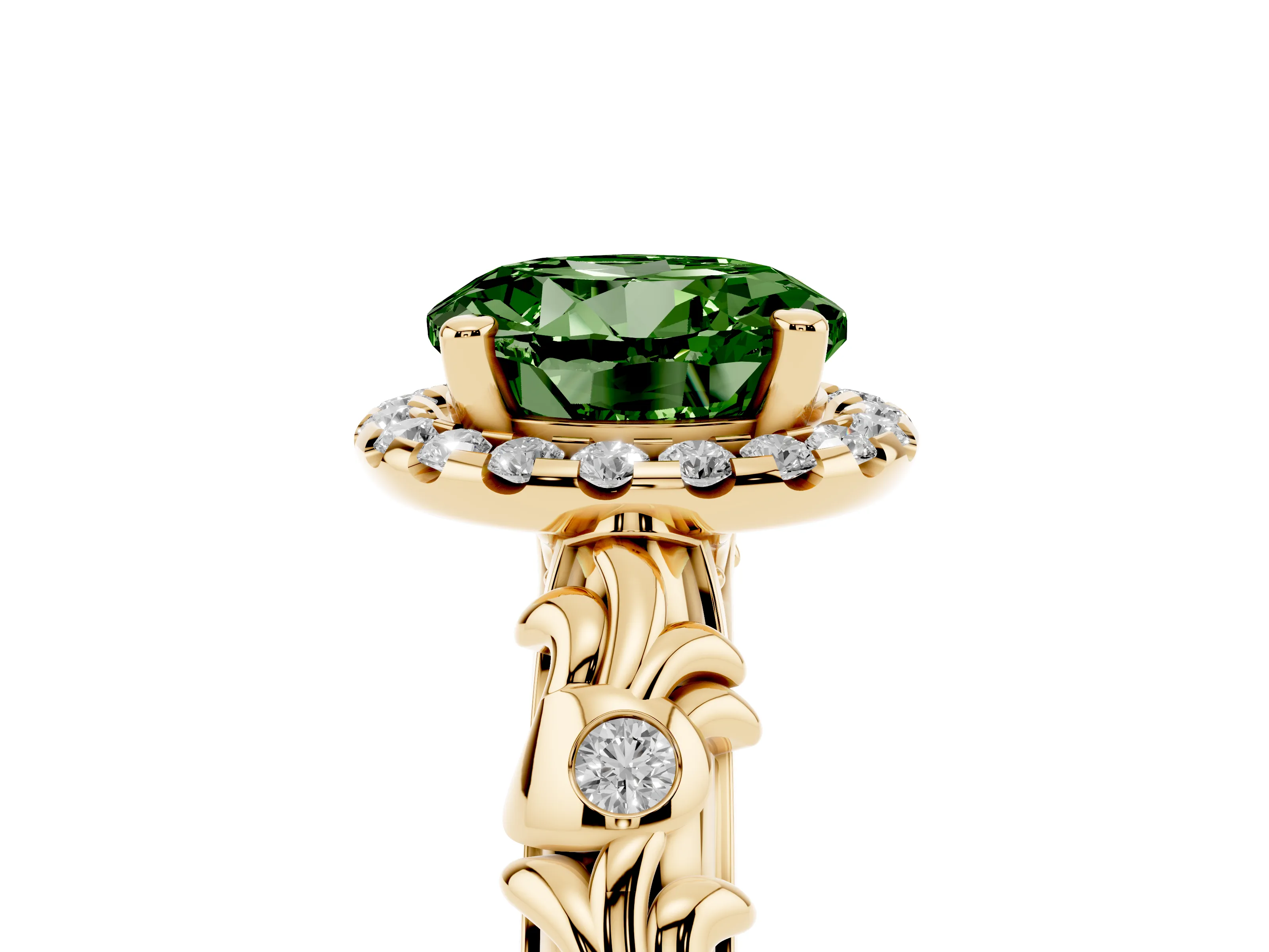 Fancy Green Round Cut Diamond Halo Ring Set in Yellow gold with Filigree Leaf Band and Prong Setting