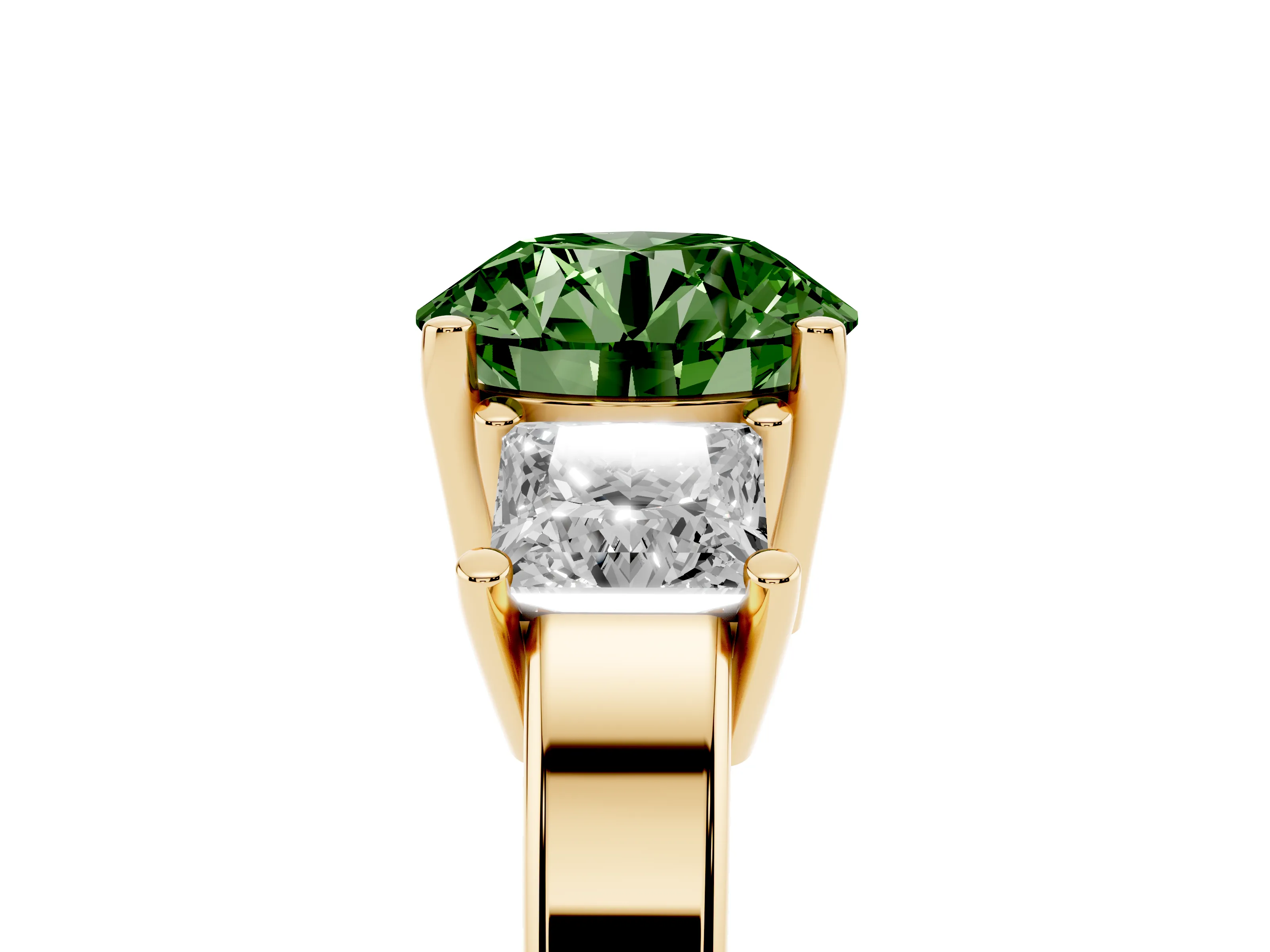 Fancy Green Three-Stone Round Cut Diamond Solitaire Ring Set in Yellow gold with Prong Setting