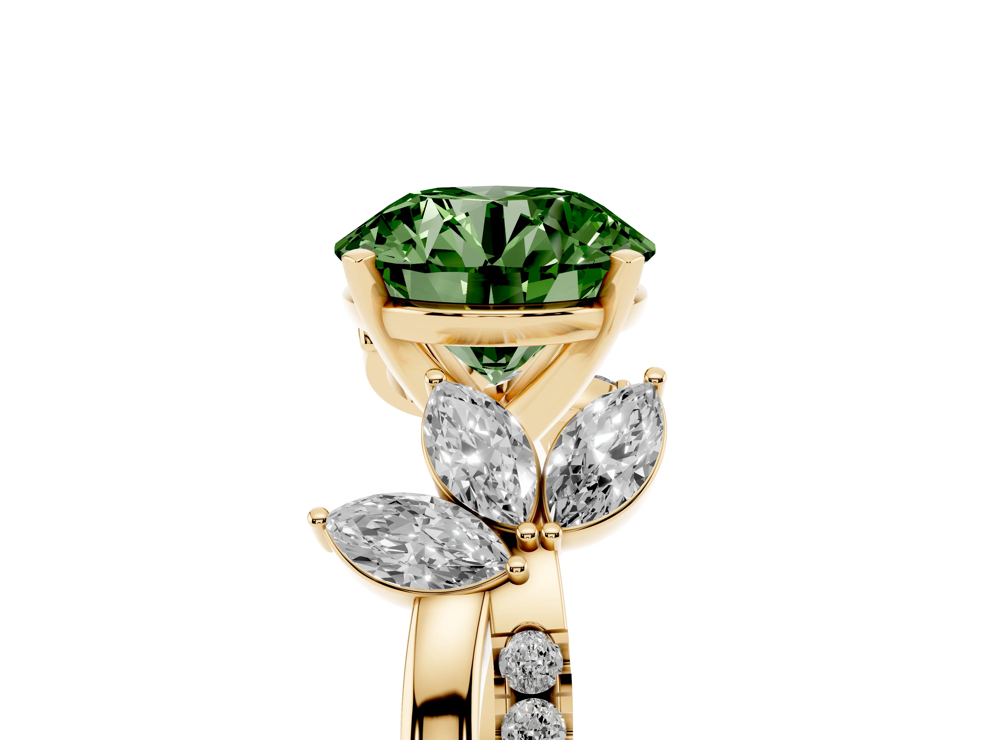 Fancy Green Round Cut Diamond Floral Vine Solitaire Engagement Ring Set in Yellow gold with Marquise Leaves