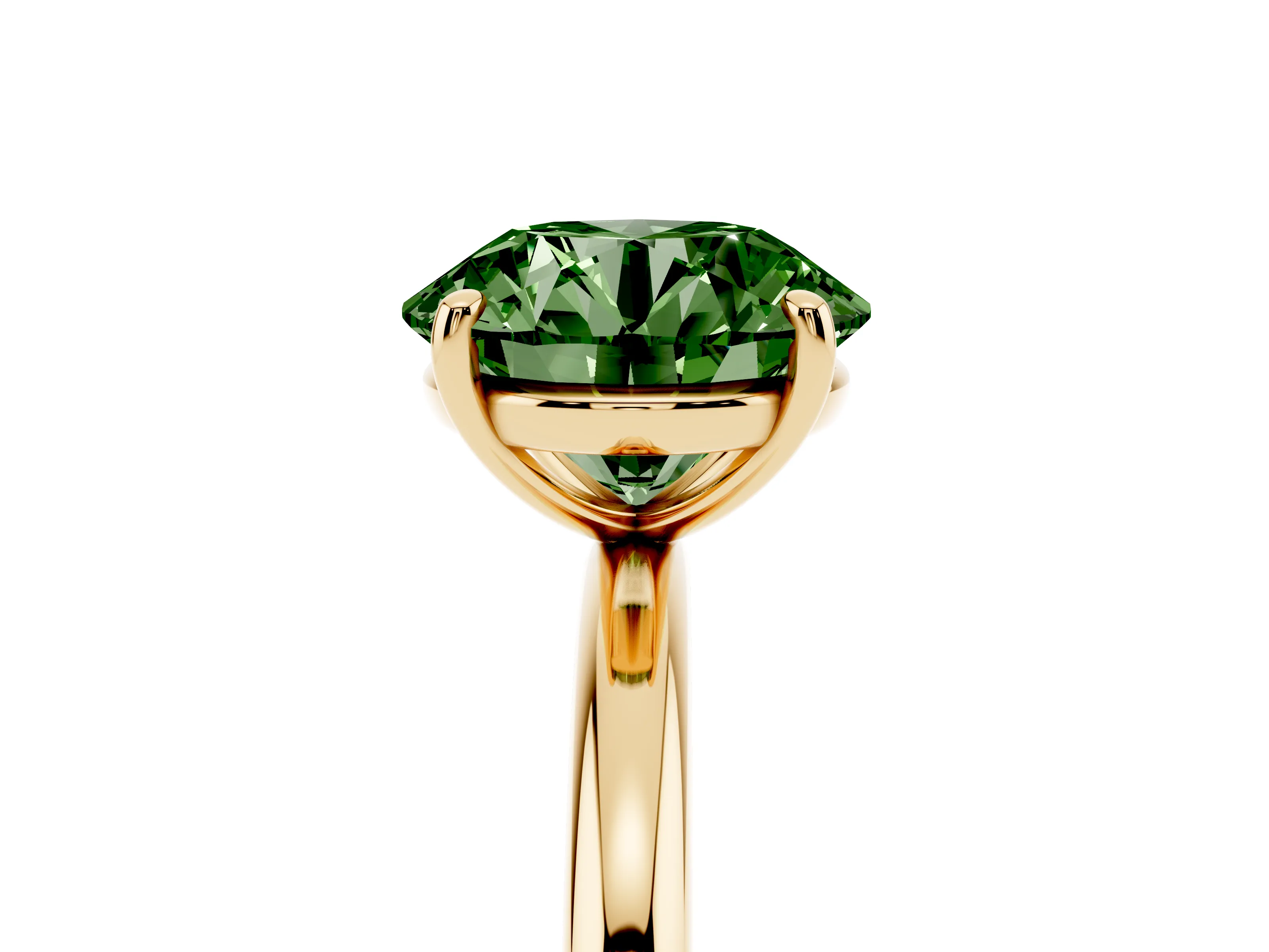 Fancy Green Round Cut Diamond Solitaire Ring Set in Yellow gold with Prong Setting on a Polished Plain Band