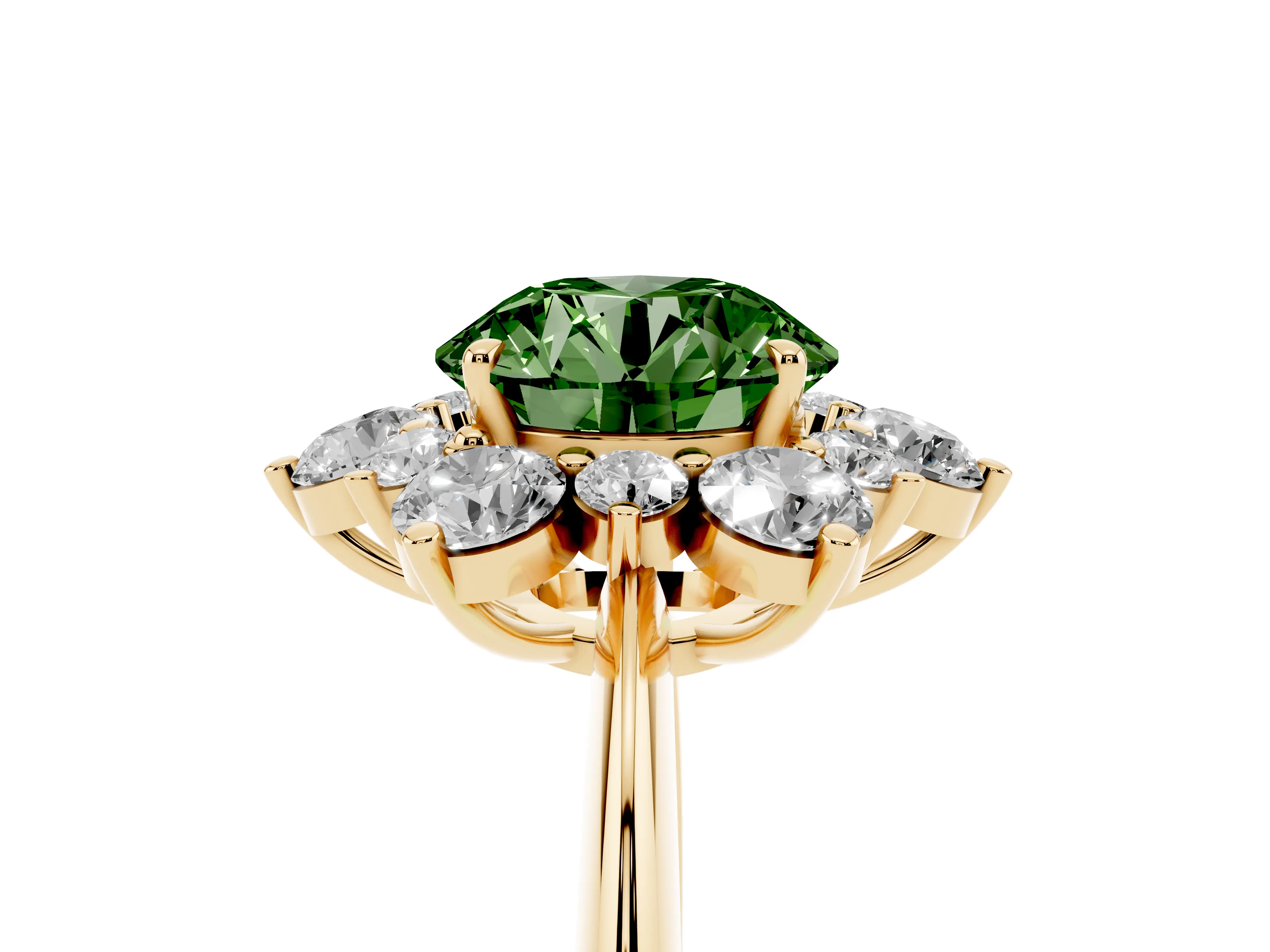 Fancy Green Round Cut Diamond Cluster Halo Ring Set in Yellow gold with Solitaire Band and Prong Setting