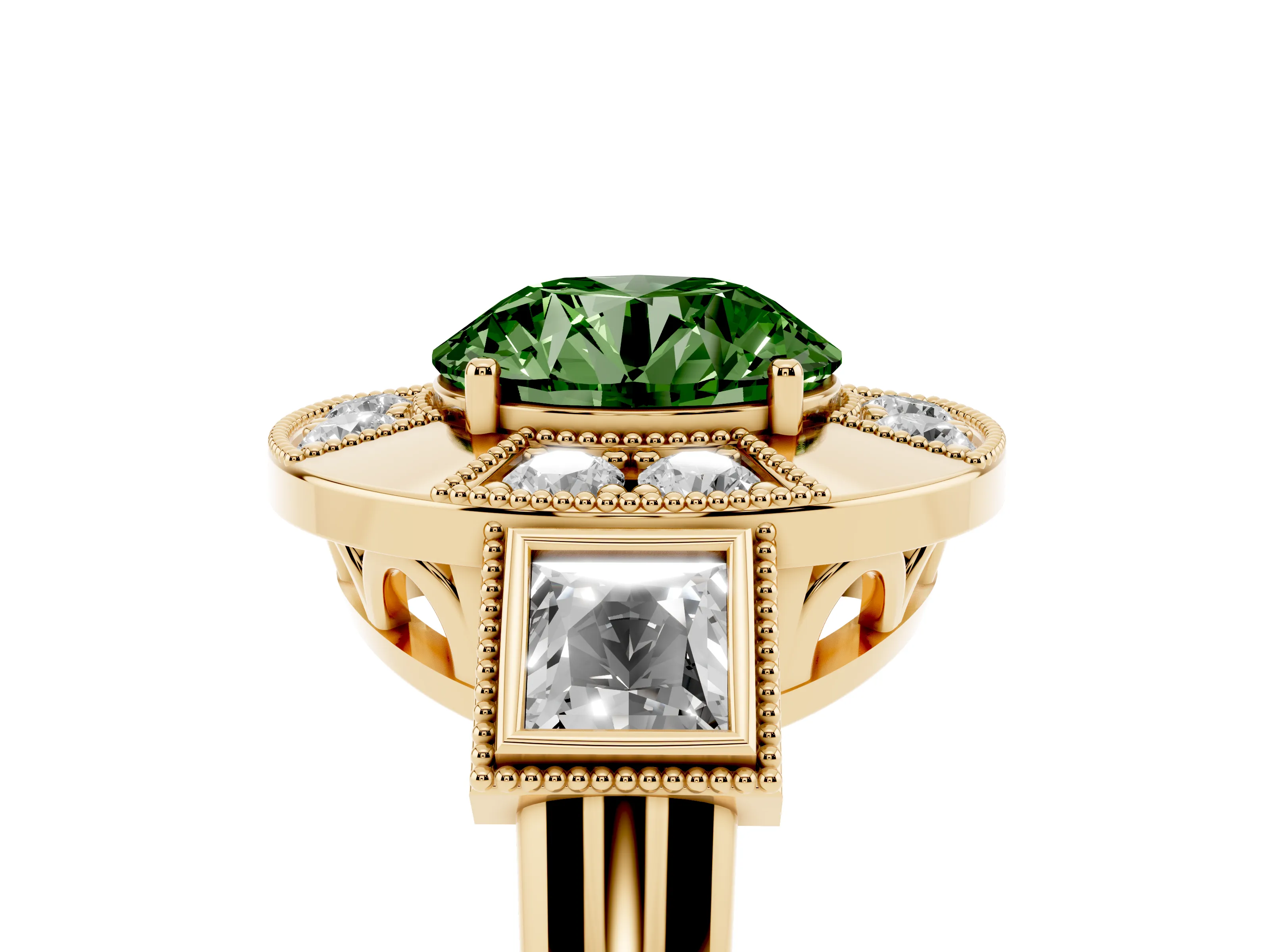 Fancy Green Round Cut Diamond Milgrain Halo Ring Set in Yellow gold with Split Shank