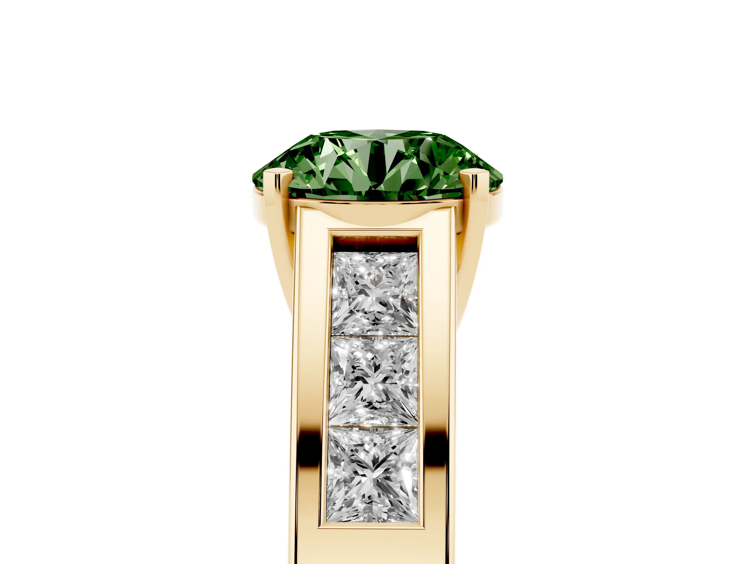 Fancy Green Round Cut Diamond Solitaire Ring Set in Yellow gold with Channel-Set Accent Stones and Prong Setting