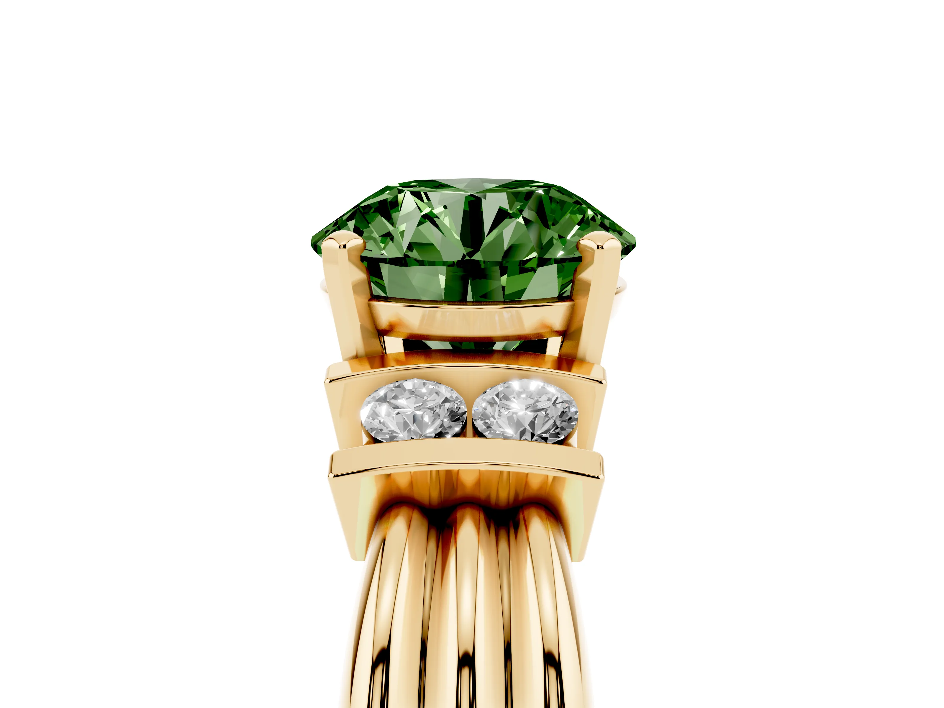 Fancy Green Three-Stone Round Cut Diamond Channel Set Ring Set in Yellow gold with Bar Prongs