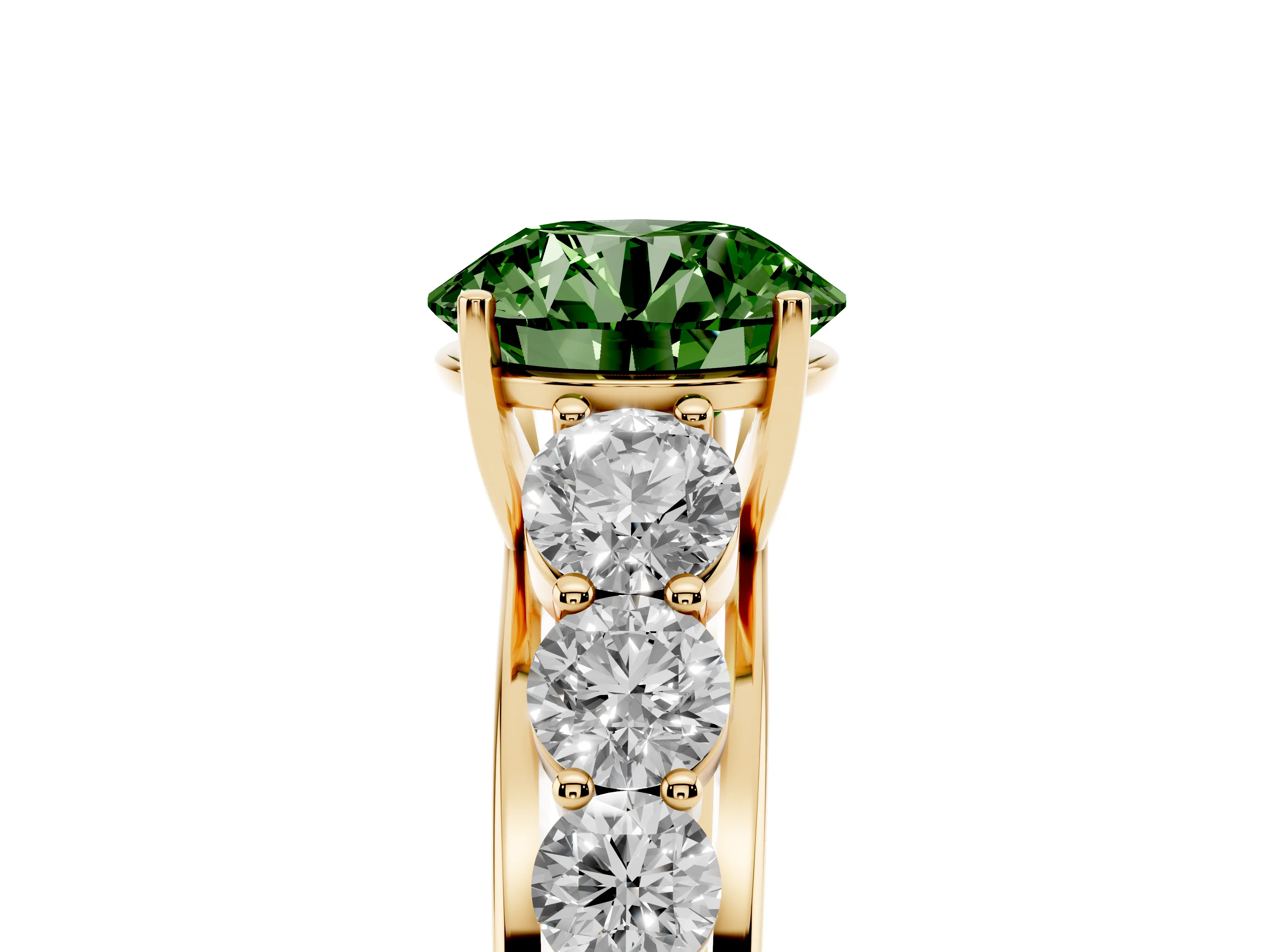 Fancy Green Round Cut Diamond Solitaire Ring Set in Yellow gold with Pavé-Set Band and Prong Setting