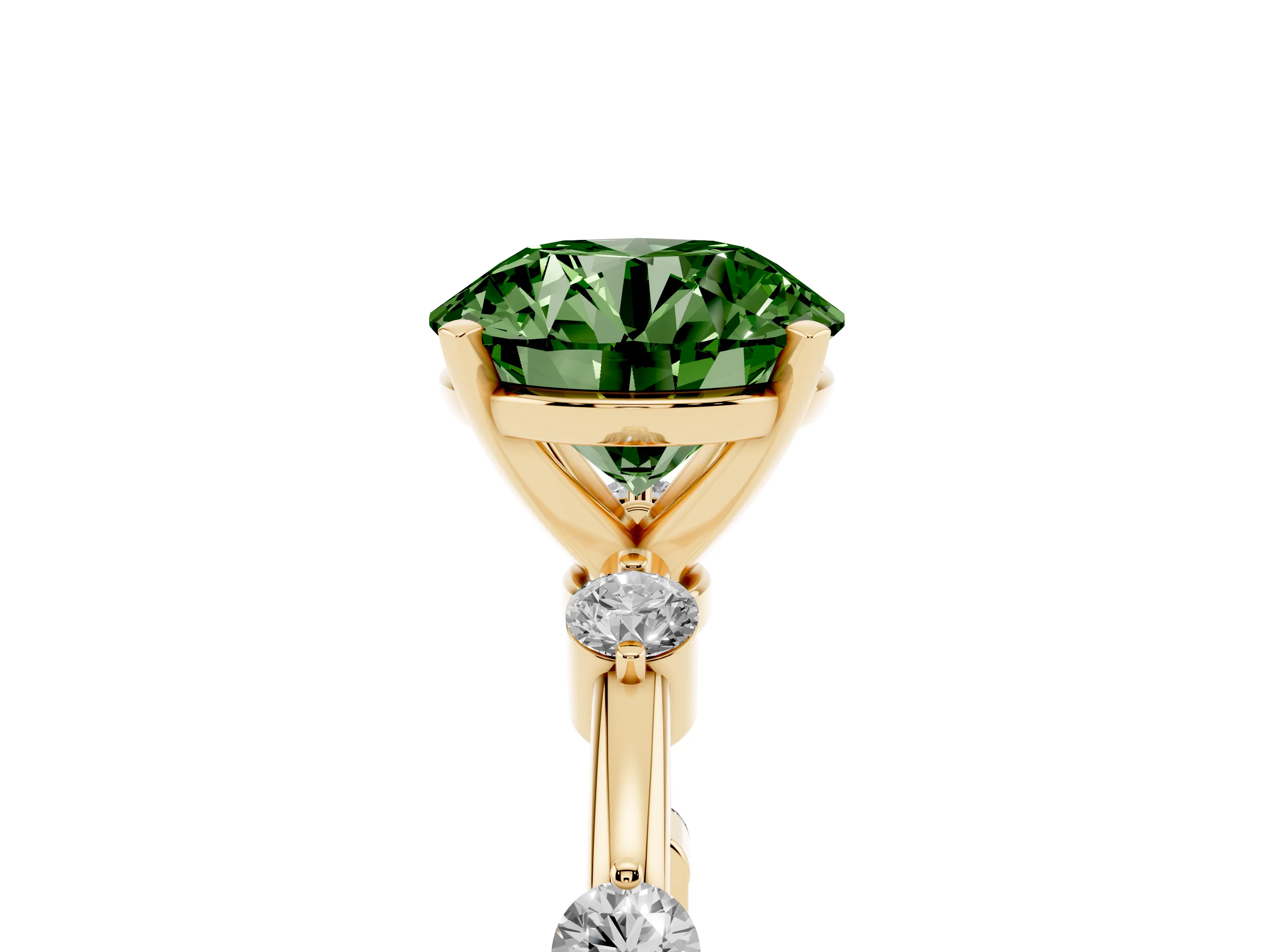 Fancy Green Round Cut Diamond Solitaire Ring Set in Yellow gold with Bezel Set Side Stones and Prong Setting