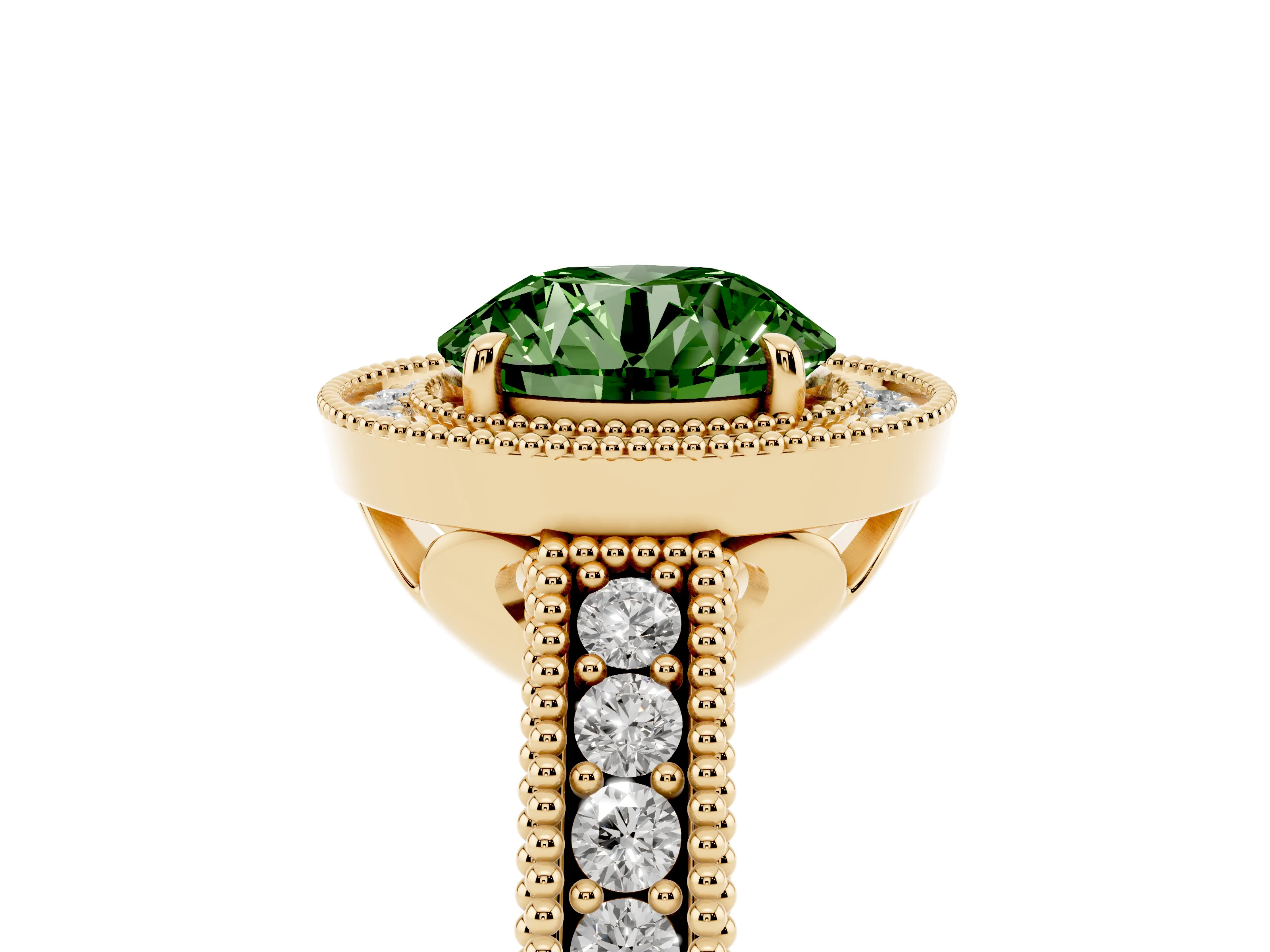 Fancy Green Round Cut Diamond Halo Ring Set in Yellow gold with Round Accent Halo, Pavé Band and Prong Setting