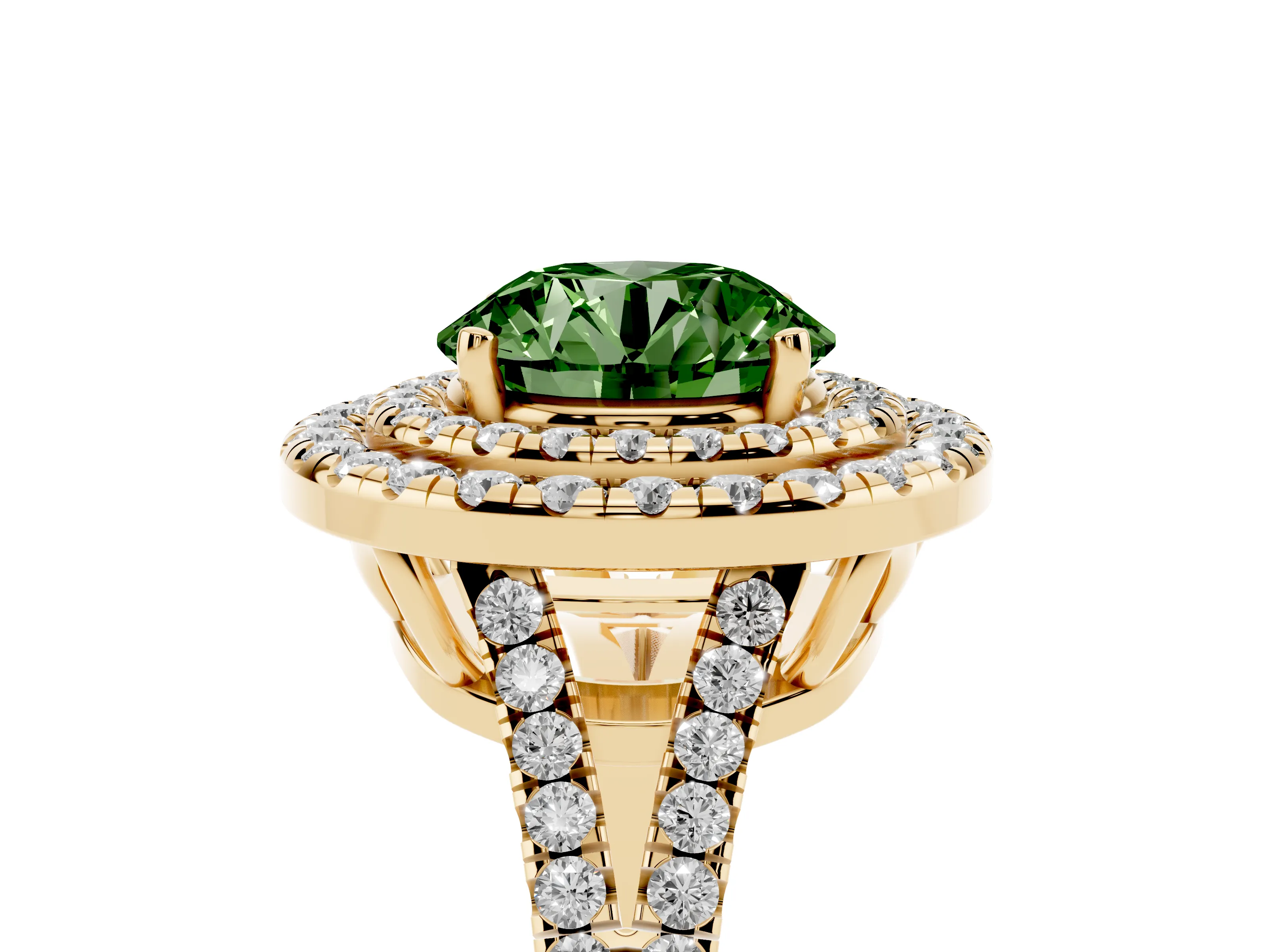 Fancy Green Round Cut Diamond Double Halo Ring Set in Yellow gold with Pavé Band
