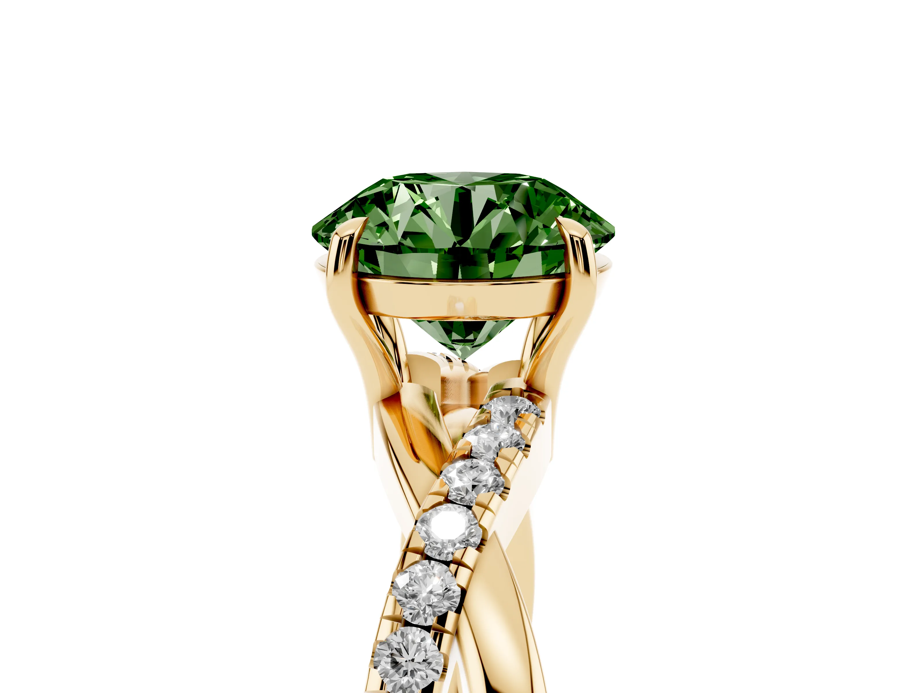 Fancy Green Round Cut Diamond Twisted Pavé Band Ring Set in Yellow gold with Prong Setting