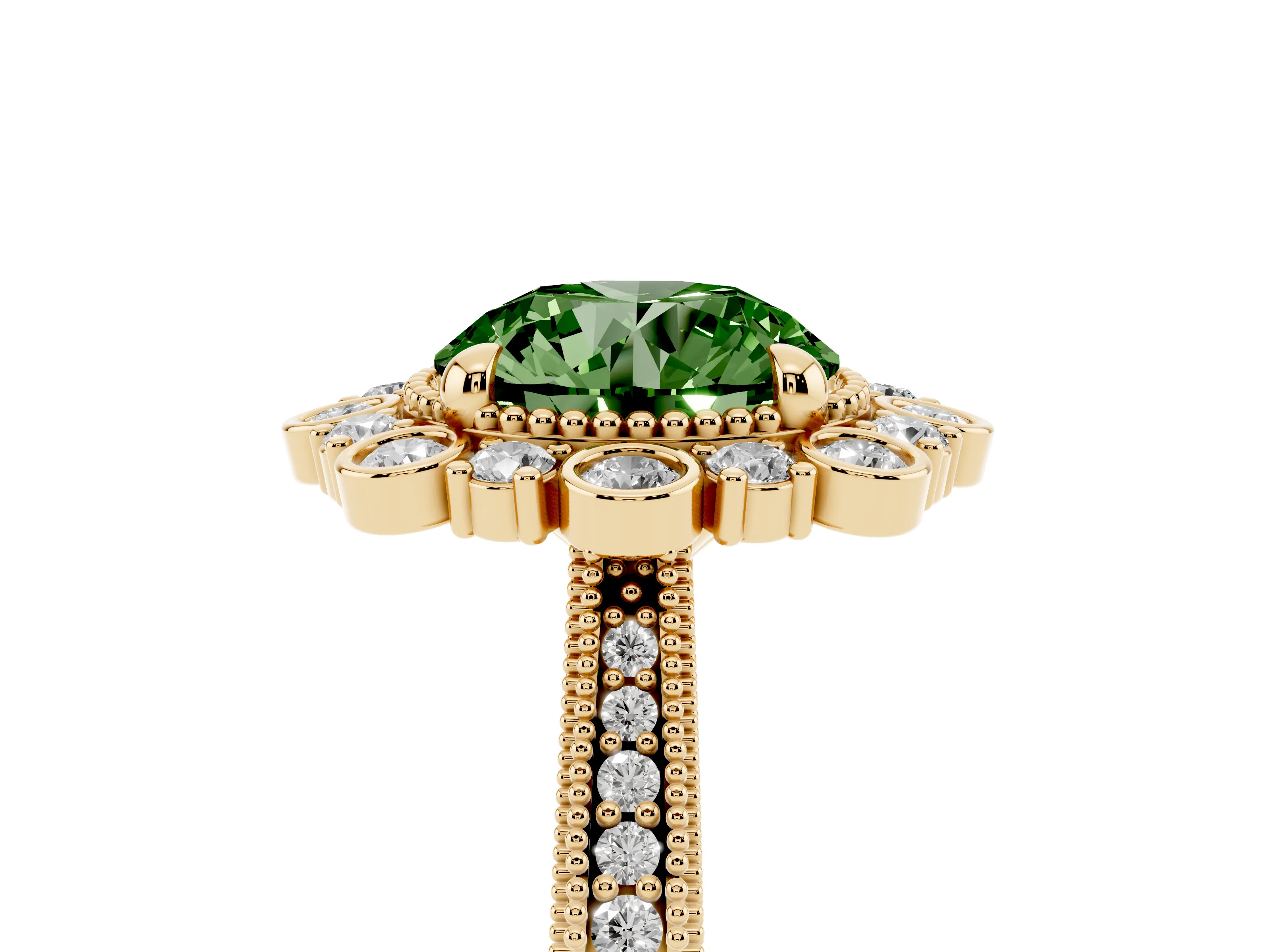 Fancy Green Round Cut Diamond Halo Milgrain Pavé Ring Set in Yellow gold with Prong Setting