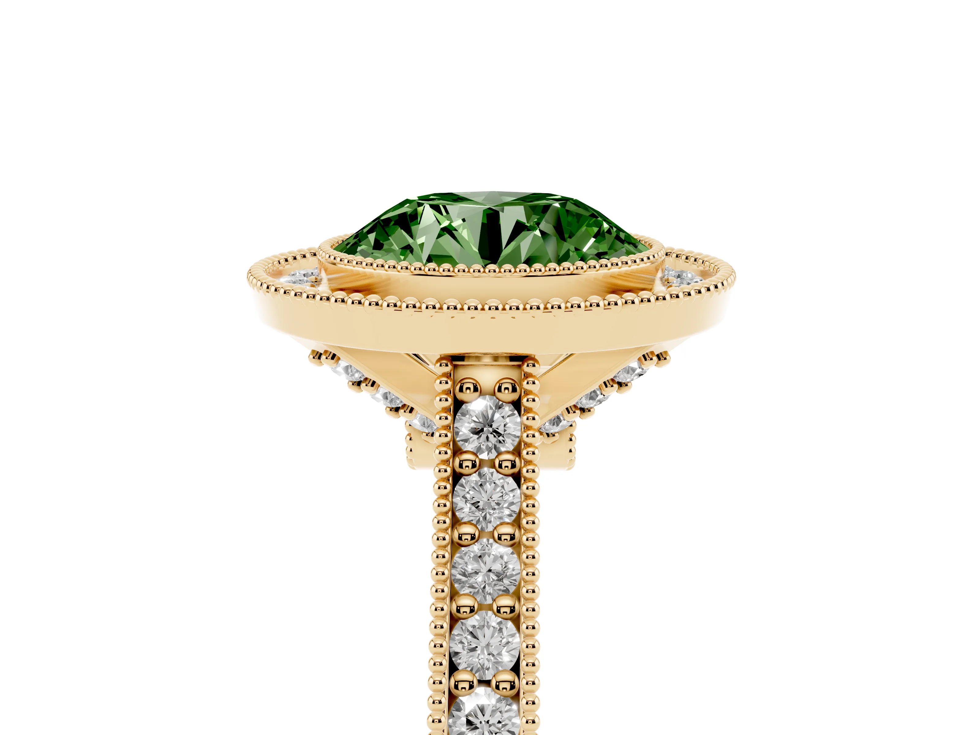 Fancy Green Round Cut Diamond Halo Milgrain Pavé Band Ring Set in Yellow gold with Prong Setting