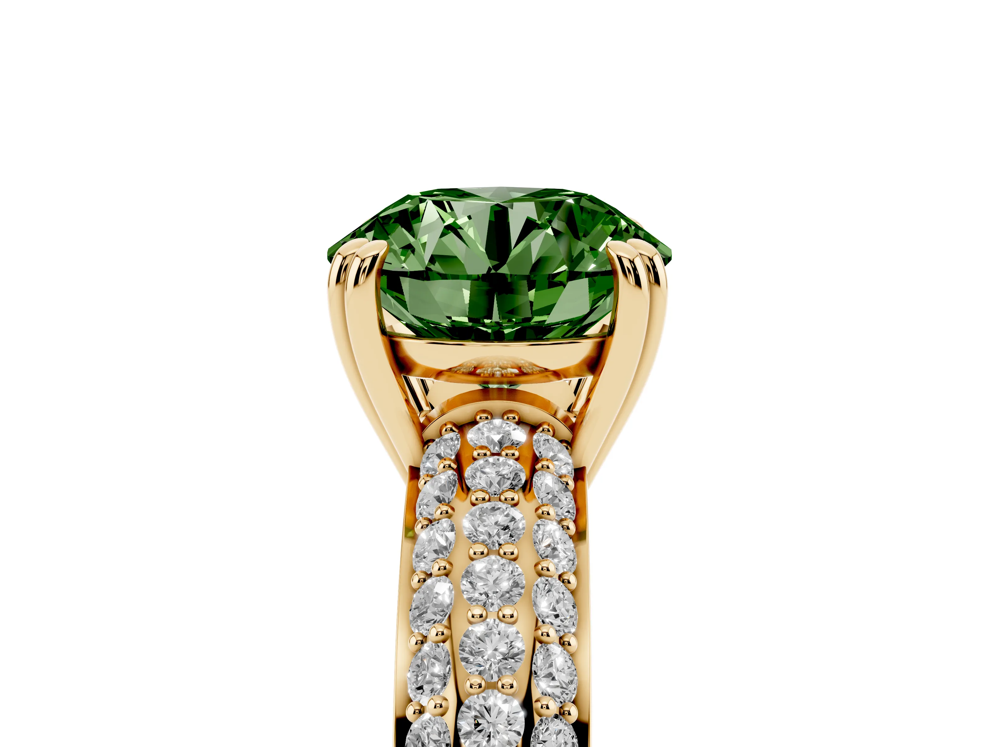 Fancy Green Round Cut Diamond Solitaire Ring Set in Yellow gold with Multi-Row Round Pavé Band and Prong Setting