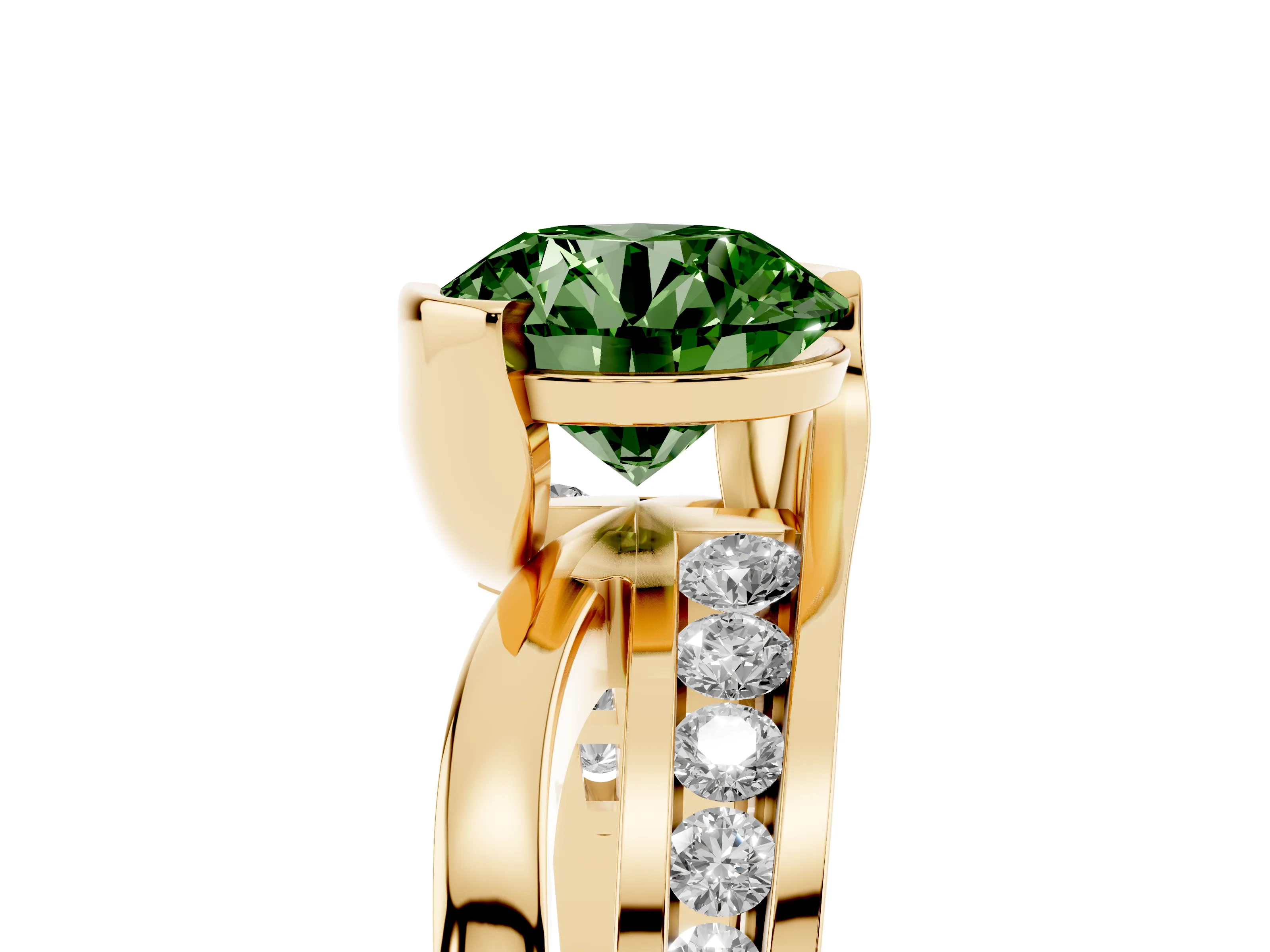 Fancy Green Round Cut Diamond Solitaire Ring Set in Yellow gold with Channel Set Split Shank and Tension Prongs