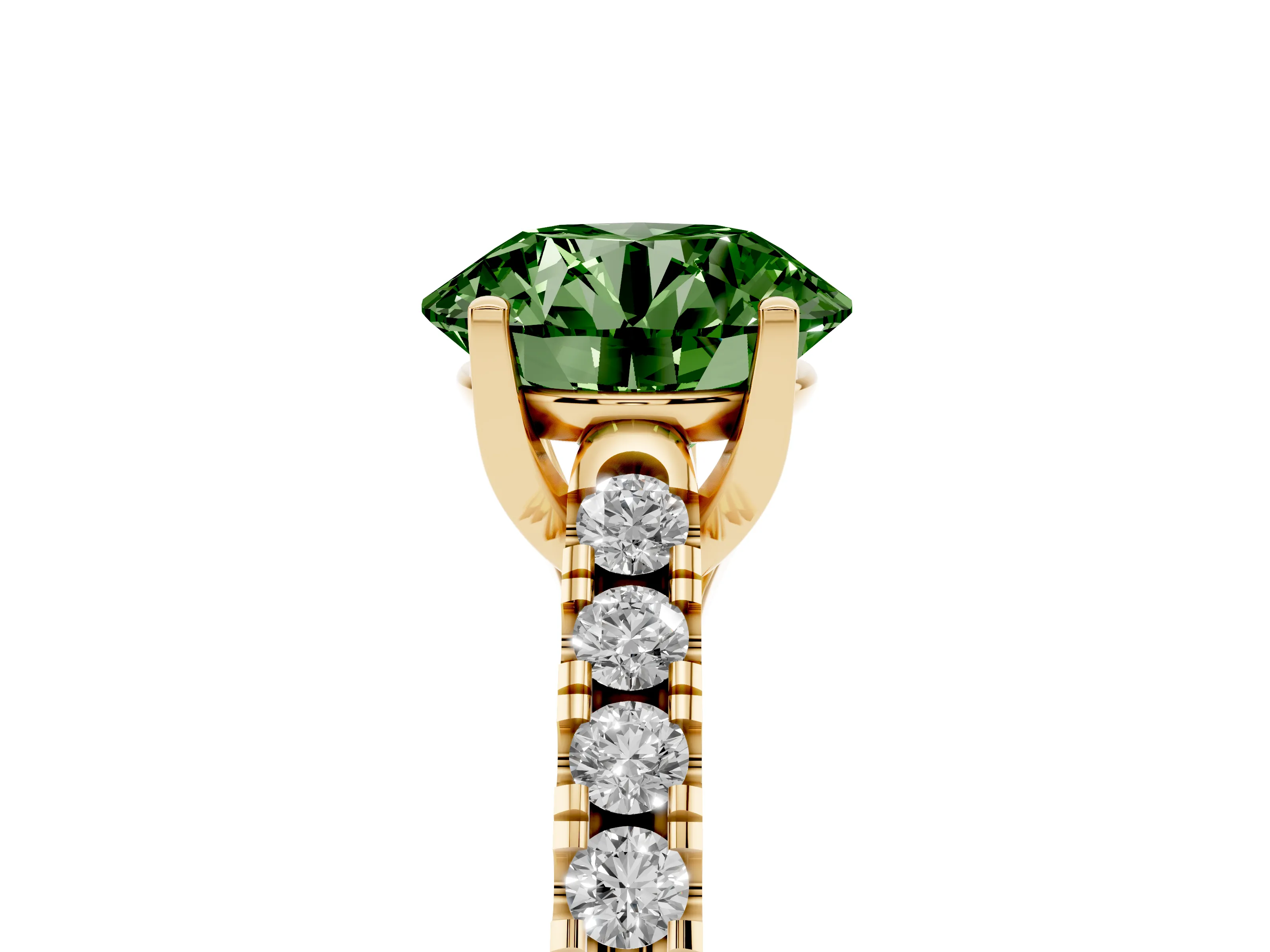 Fancy Green Round Cut Diamond Pavé Band Solitaire Ring Set in Yellow gold with Partway Accent Stones and Prong Setting
