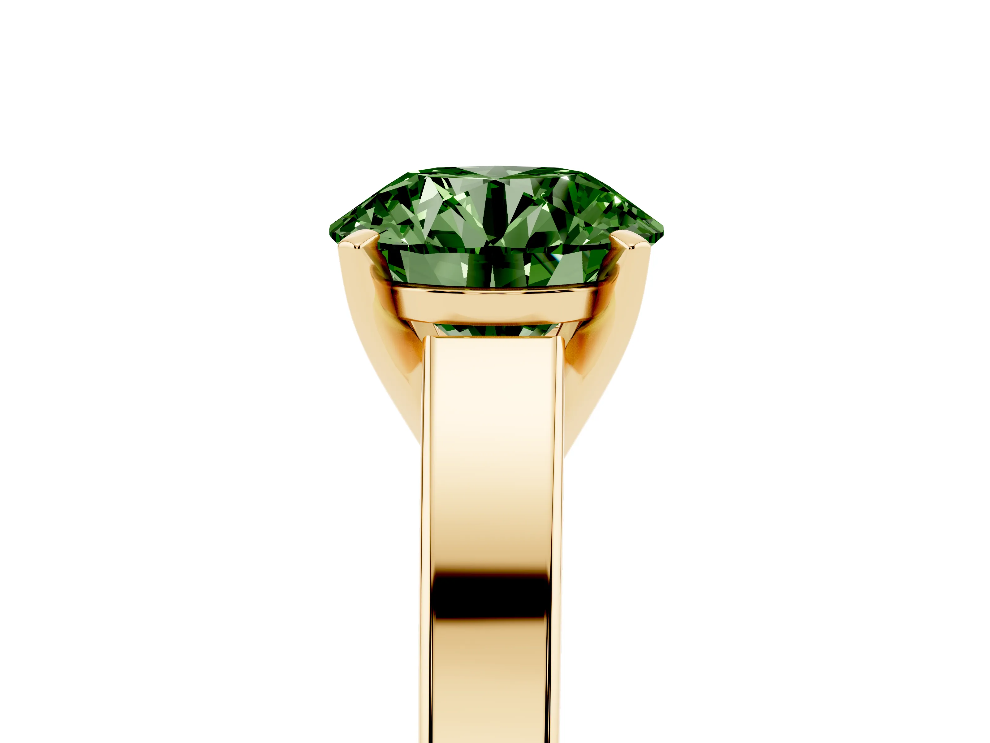 Fancy Green Round Cut Diamond Solitaire Engagement Ring Set in Yellow gold with Prong Setting and Tapered Band