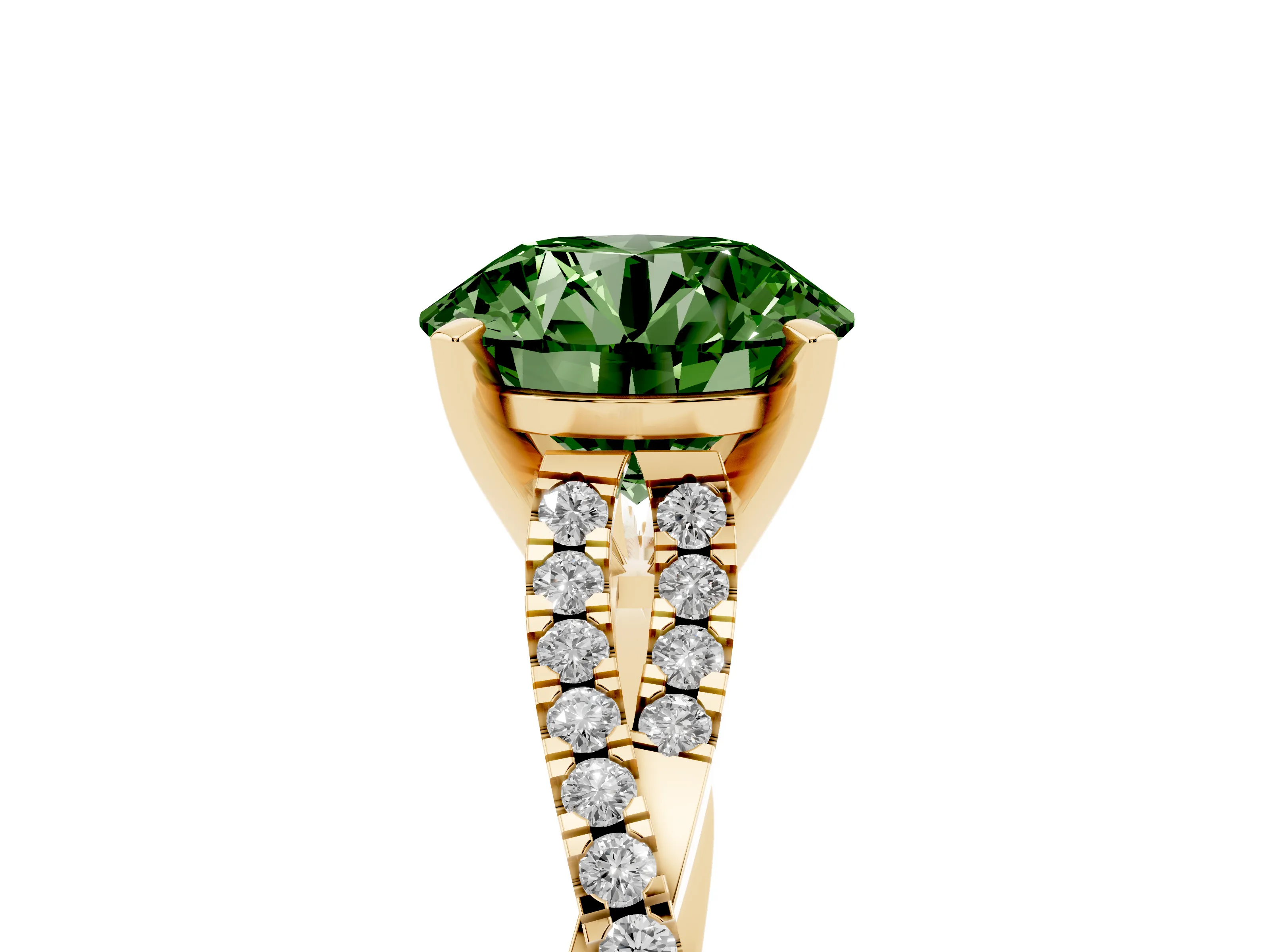 Fancy Green Round Cut Diamond Solitaire Engagement Ring Set in Yellow gold with Twisted Pavé Band and Prong Setting