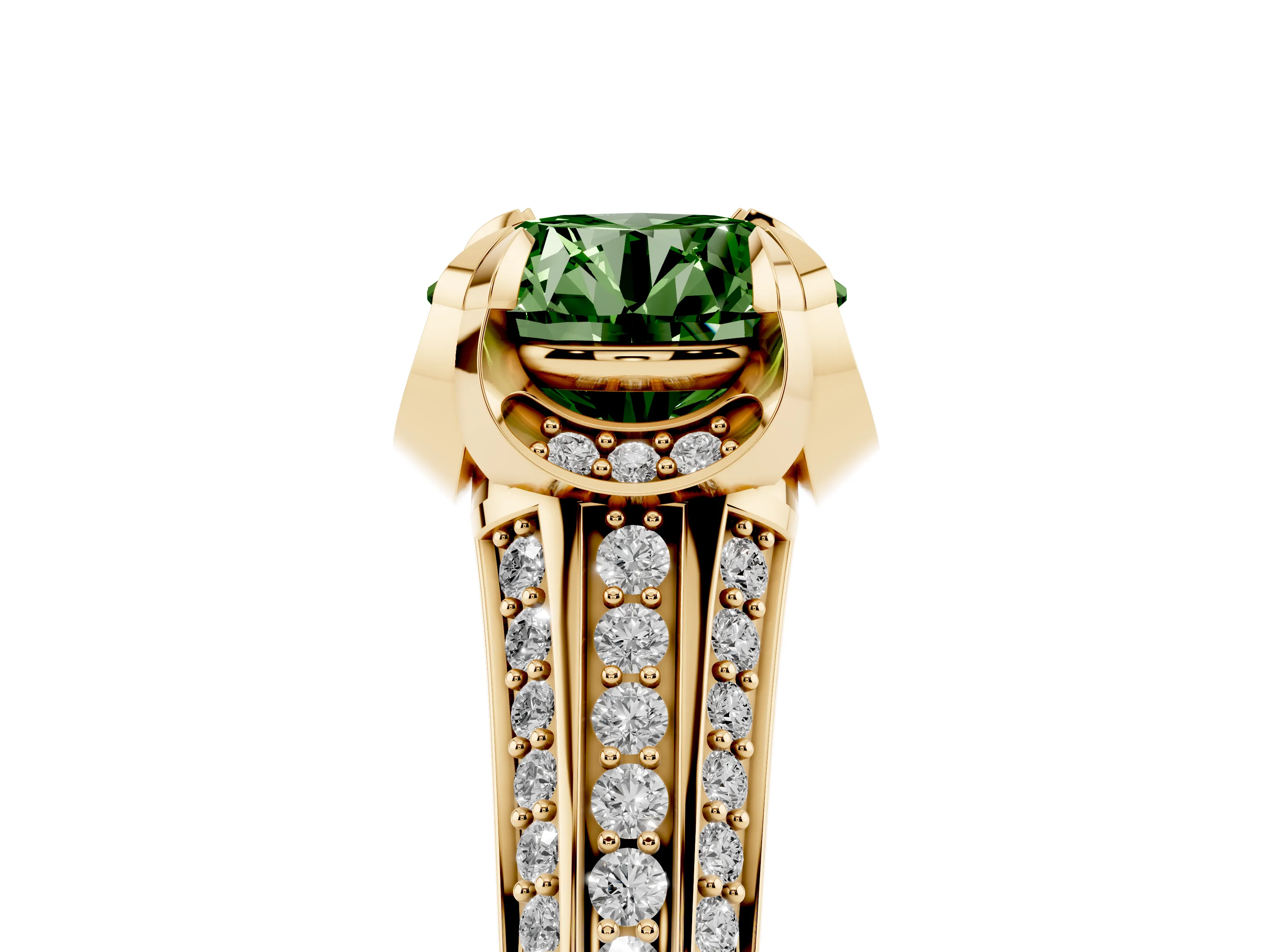 Fancy Green Round Cut Diamond Pavé Split Shank Solitaire Ring Set in Yellow gold with Prong Setting