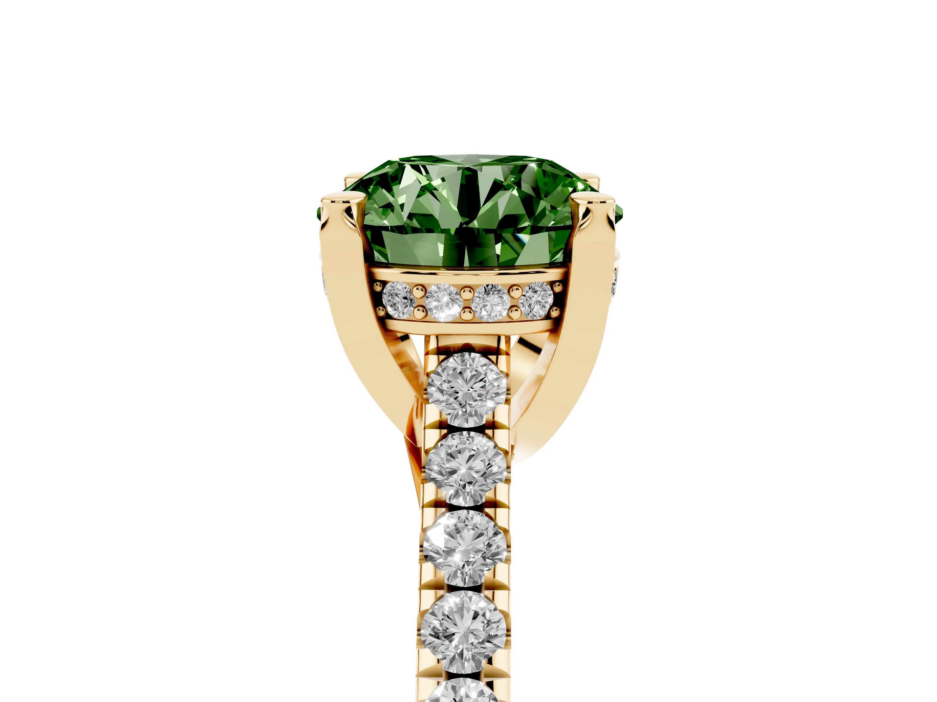 Fancy Green Round Cut Diamond Solitaire Ring Set in Yellow gold with Brilliant Pavé Band and Prong Setting