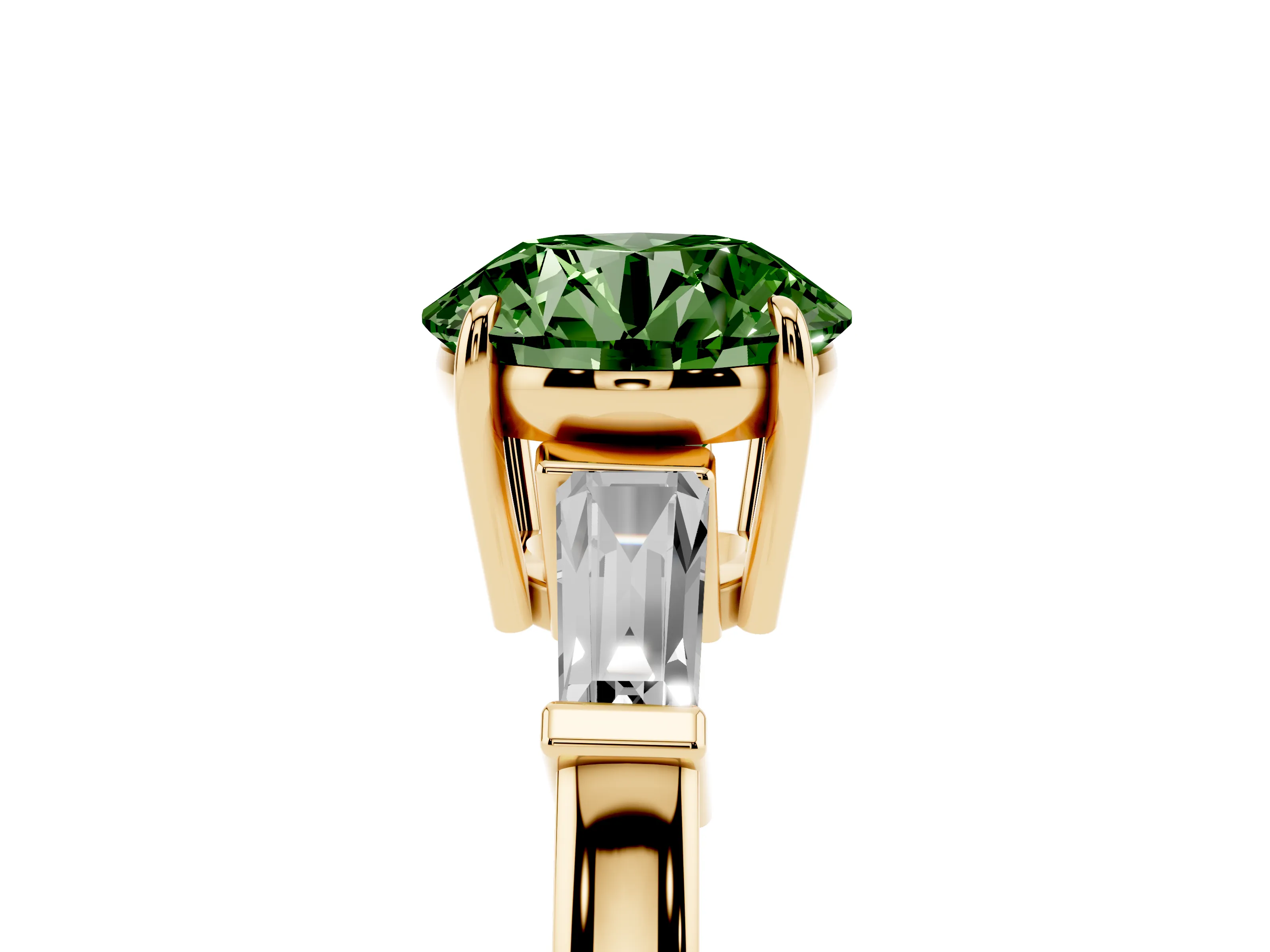 Fancy Green Round Cut Diamond Three-Stone Ring Set in Yellow gold with Tapered Baguette Side Stones and Prong Setting