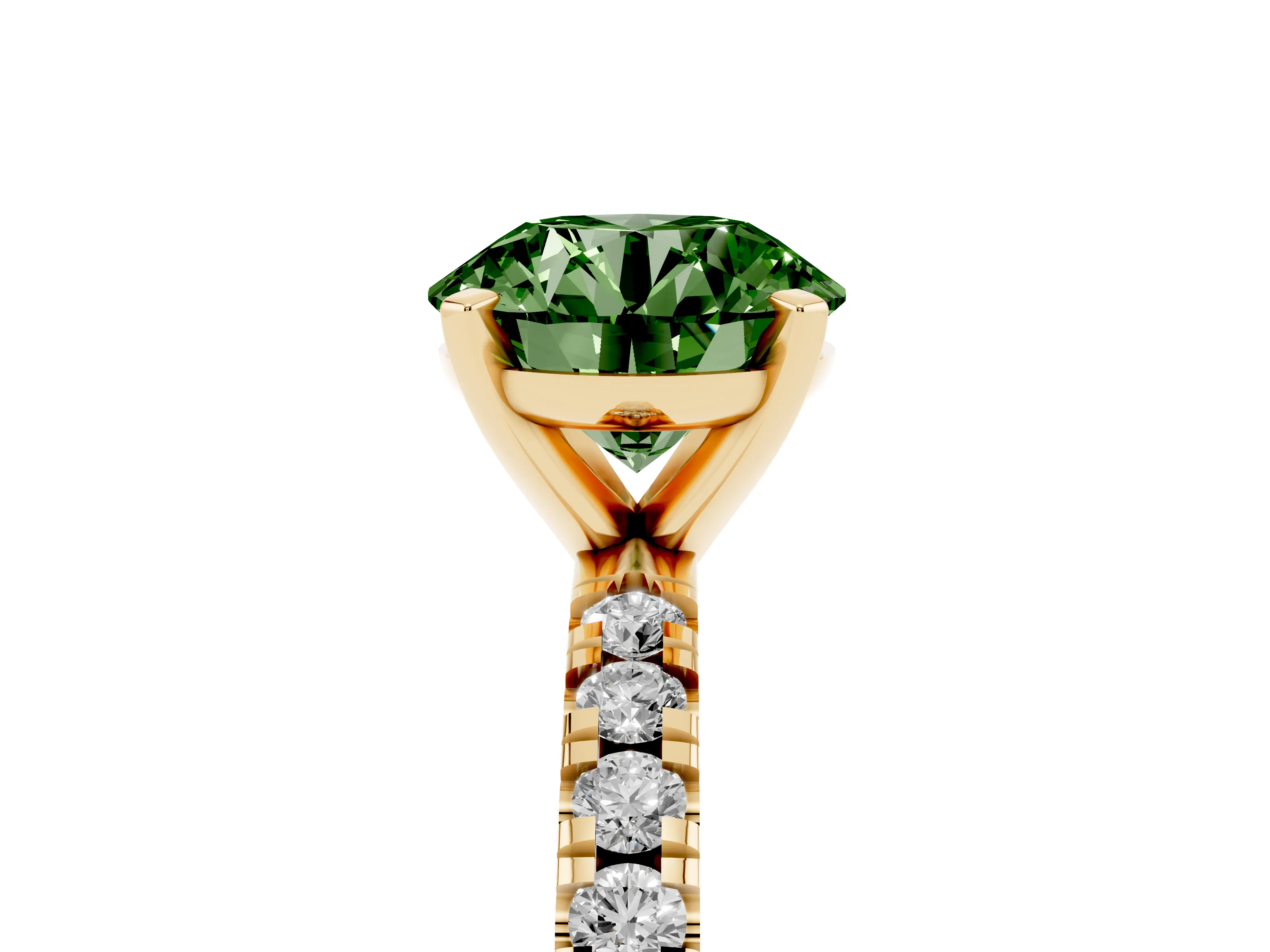 Fancy Green Round Cut Diamond Pavé Band Solitaire Set in Yellow gold with Prong Setting