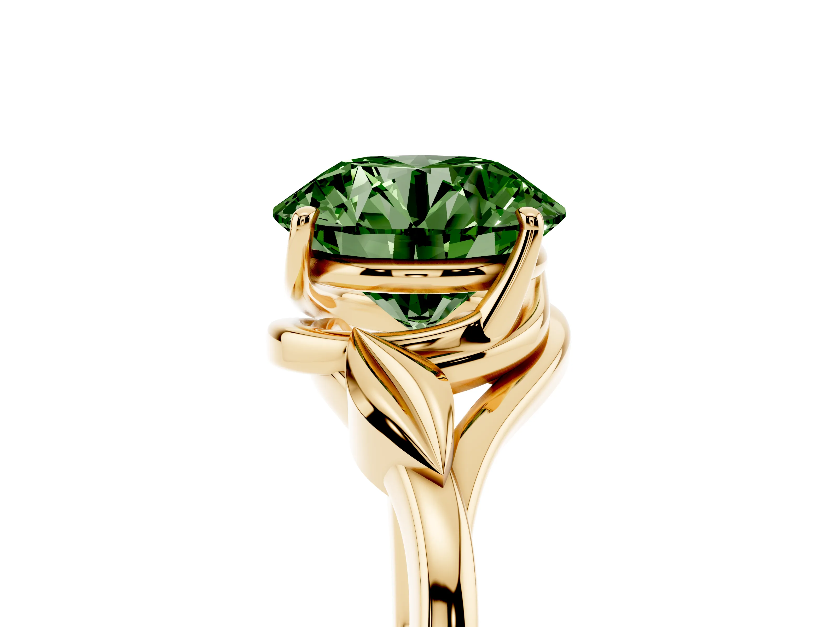 Fancy Green Round Cut Diamond Solitaire Ring Set in Yellow gold with Polished Twist Band