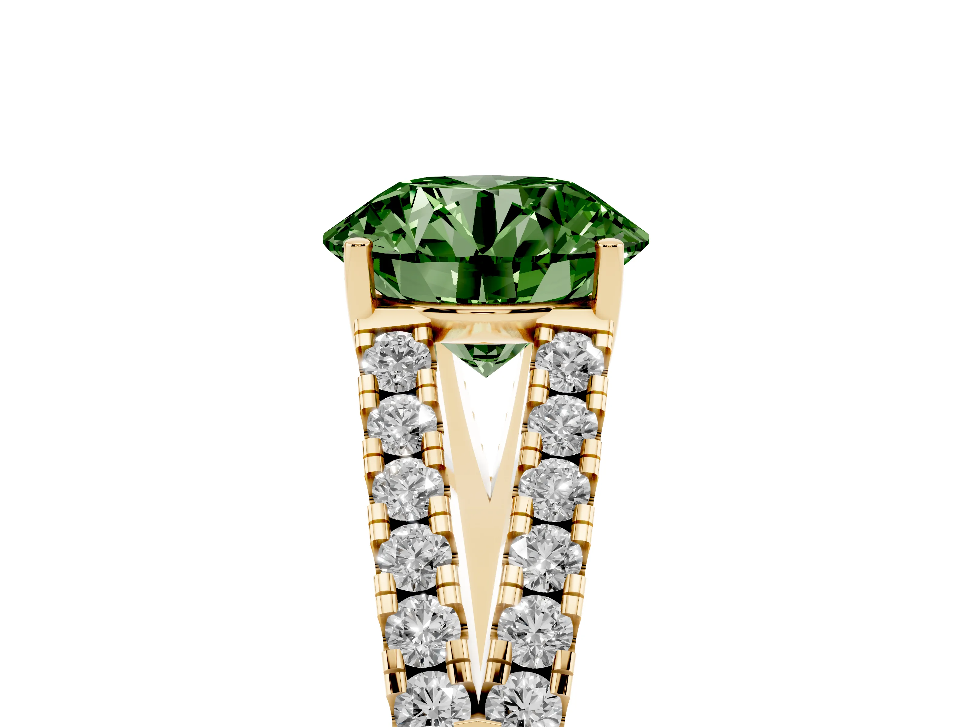 Fancy Green Round Cut Diamond Split Shank Pavé Engagement Ring Set in Yellow gold with Prong-Held Center Stone