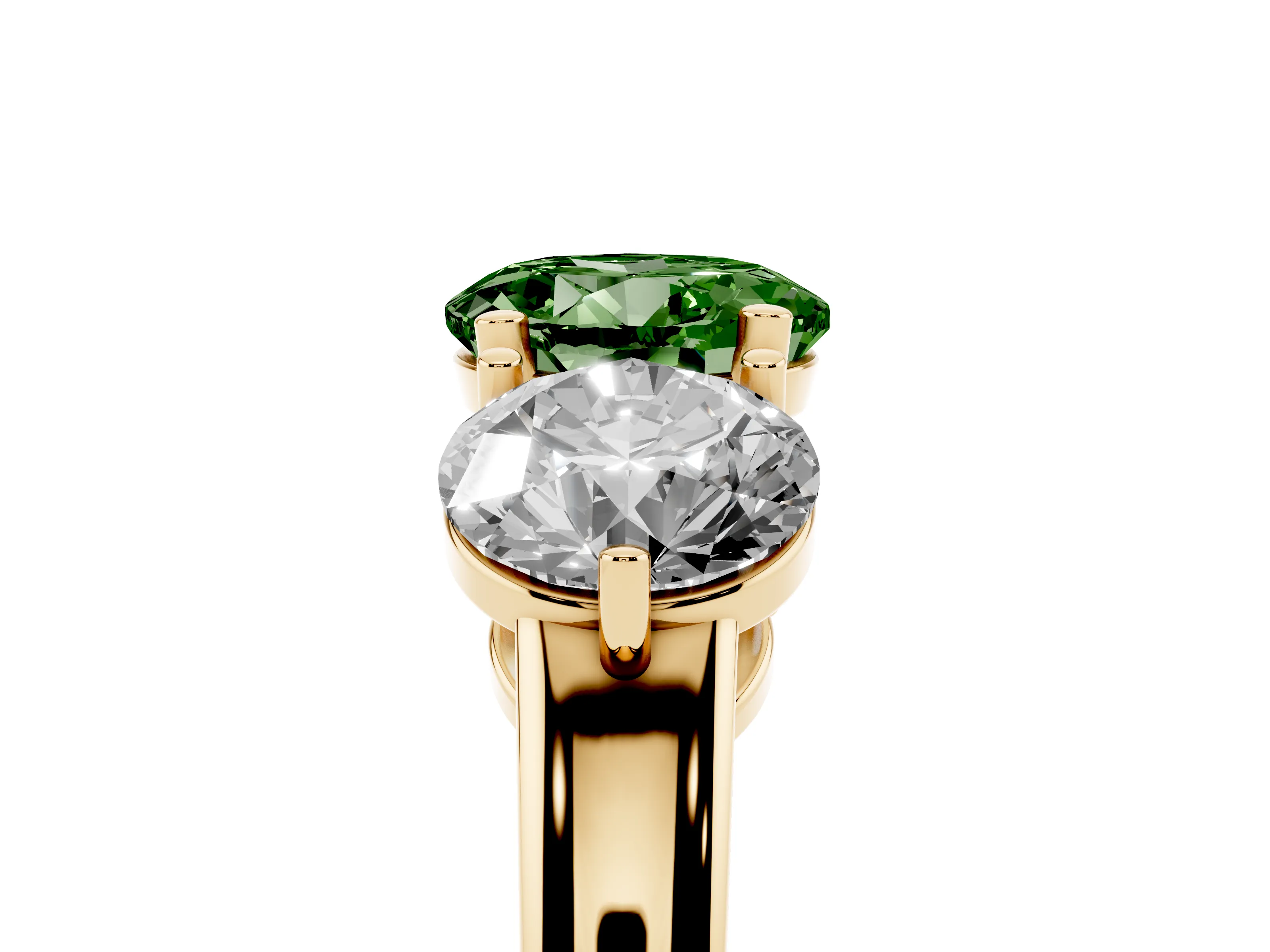 Fancy Green Round Cut Diamond Three-Stone Ring Set in Yellow gold with Prong Setting and Plain Band