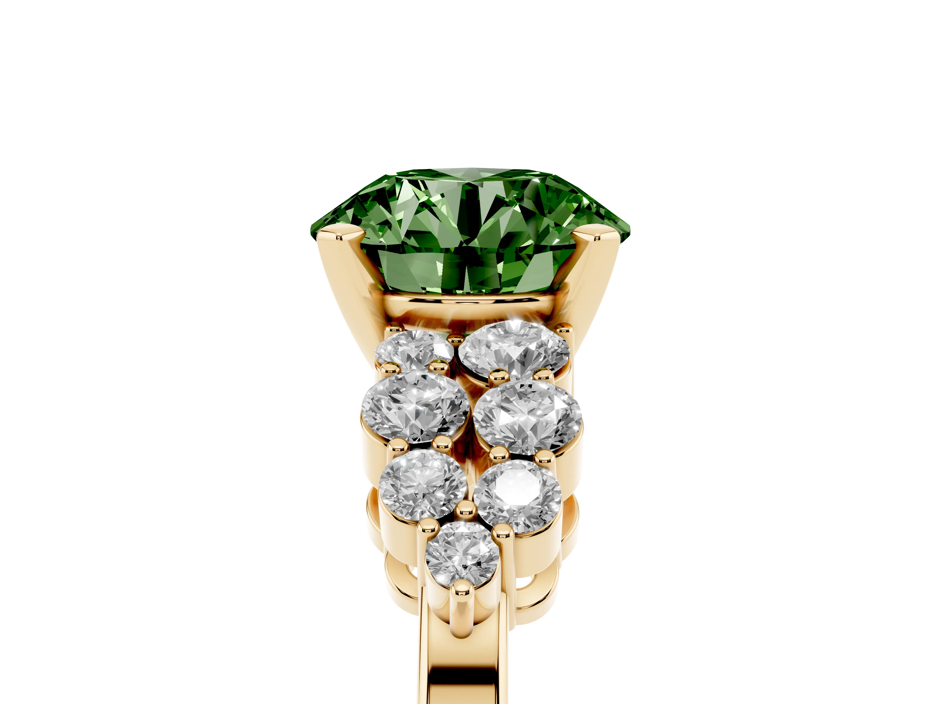 Fancy Green Round Cut Diamond Cluster Engagement Ring Set in Yellow gold with Pavé Band and Prong Setting