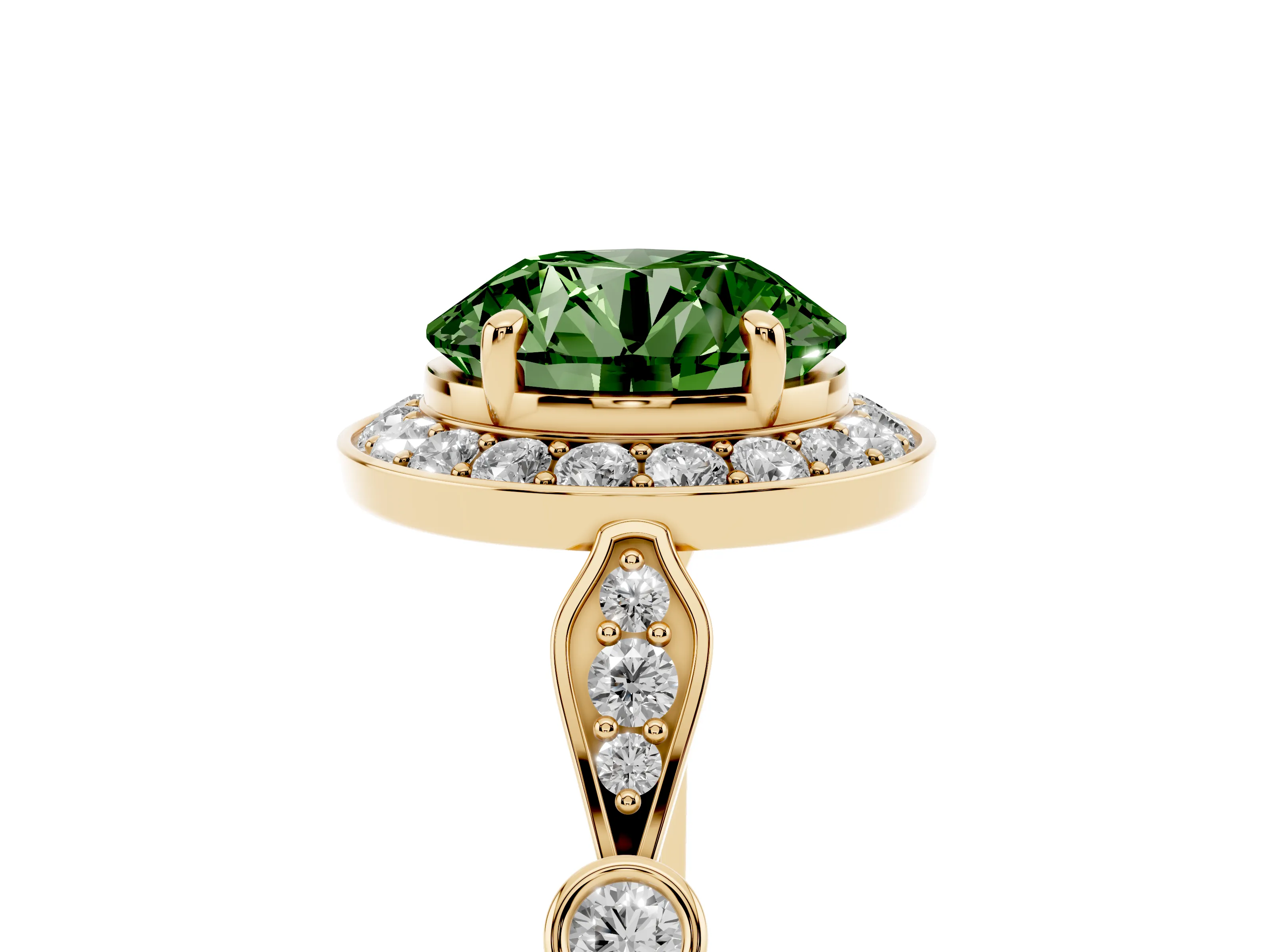 Fancy Green Round Cut Diamond Halo Engagement Ring Set in Yellow gold with Twisted Band and Prong Setting