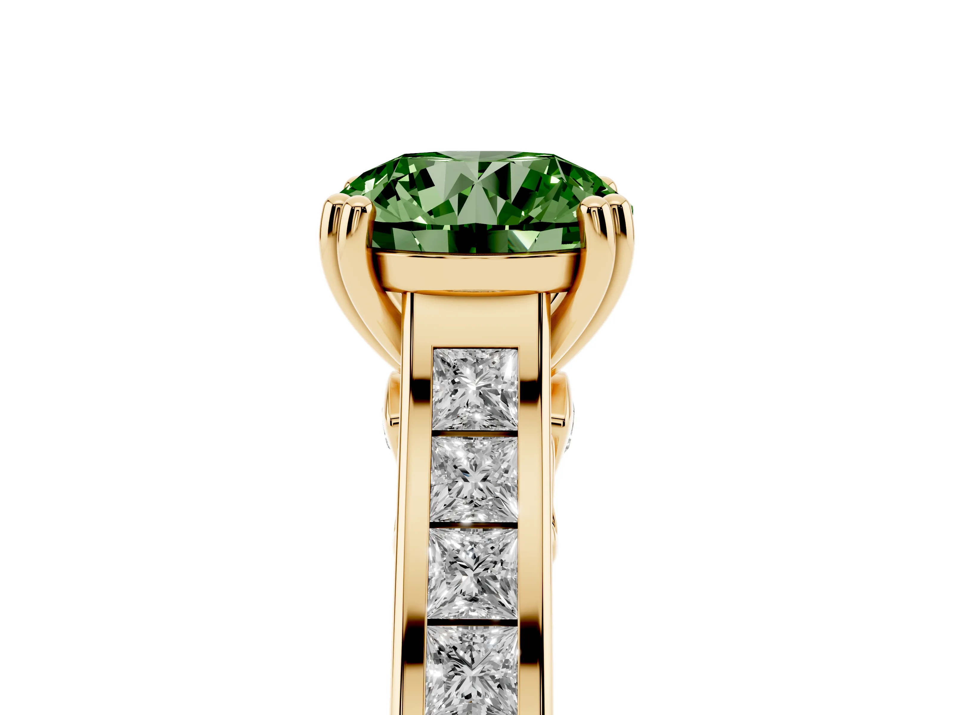 Fancy Green Round Cut Diamond Channel Set Solitaire Engagement Ring Set in Yellow gold with Prong Setting